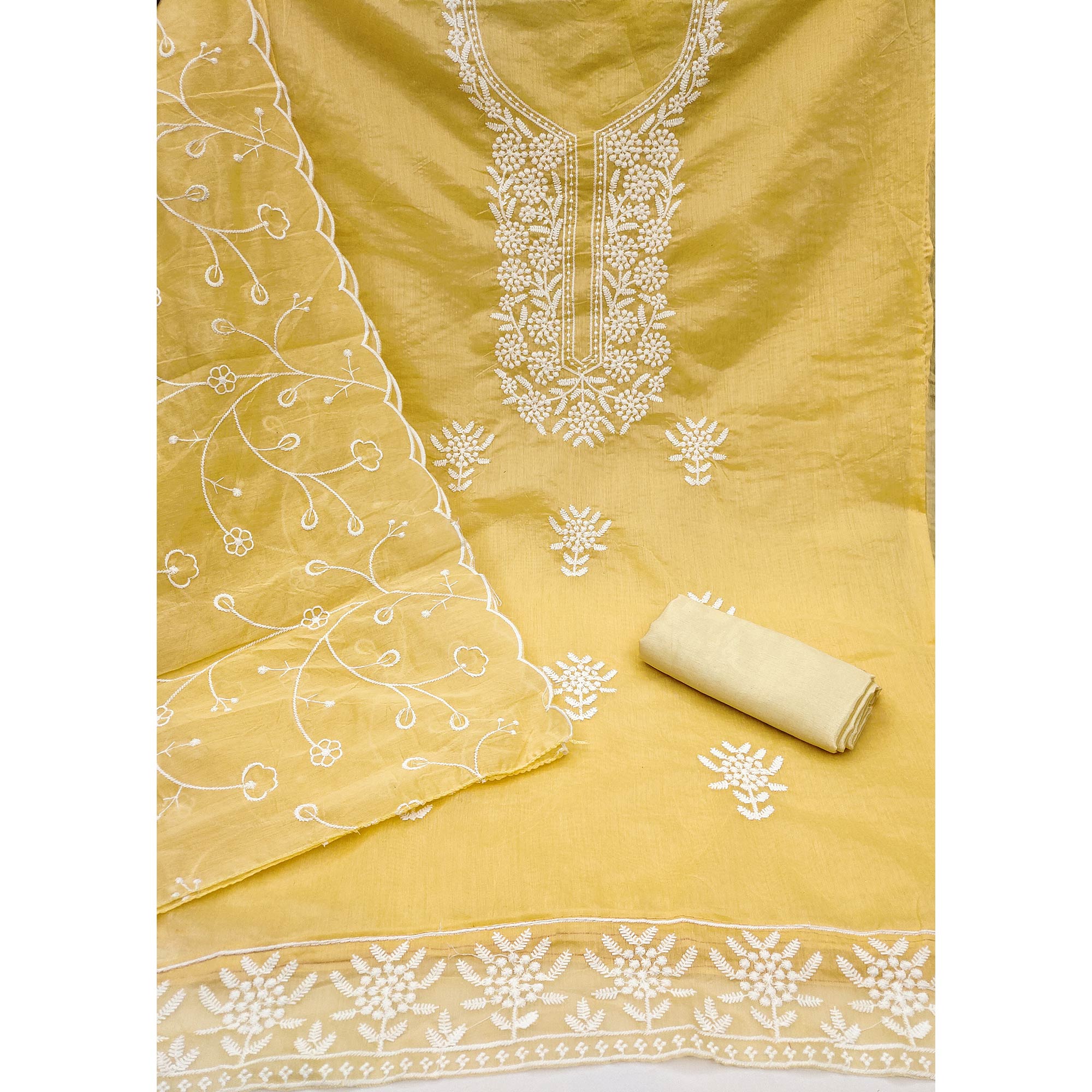 Yellow Chanderi Silk Dress Material With Exquisite Floral Thread Embroidery