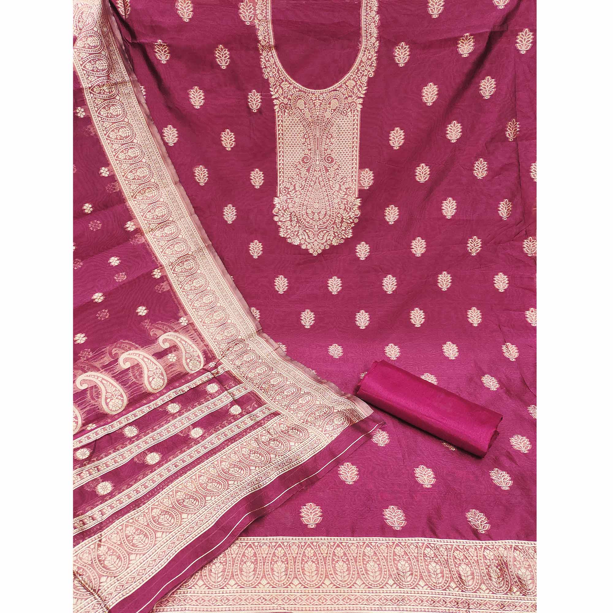 Wine Zari Floral Jacquard Weaving on Shimmer Silk Dress Material