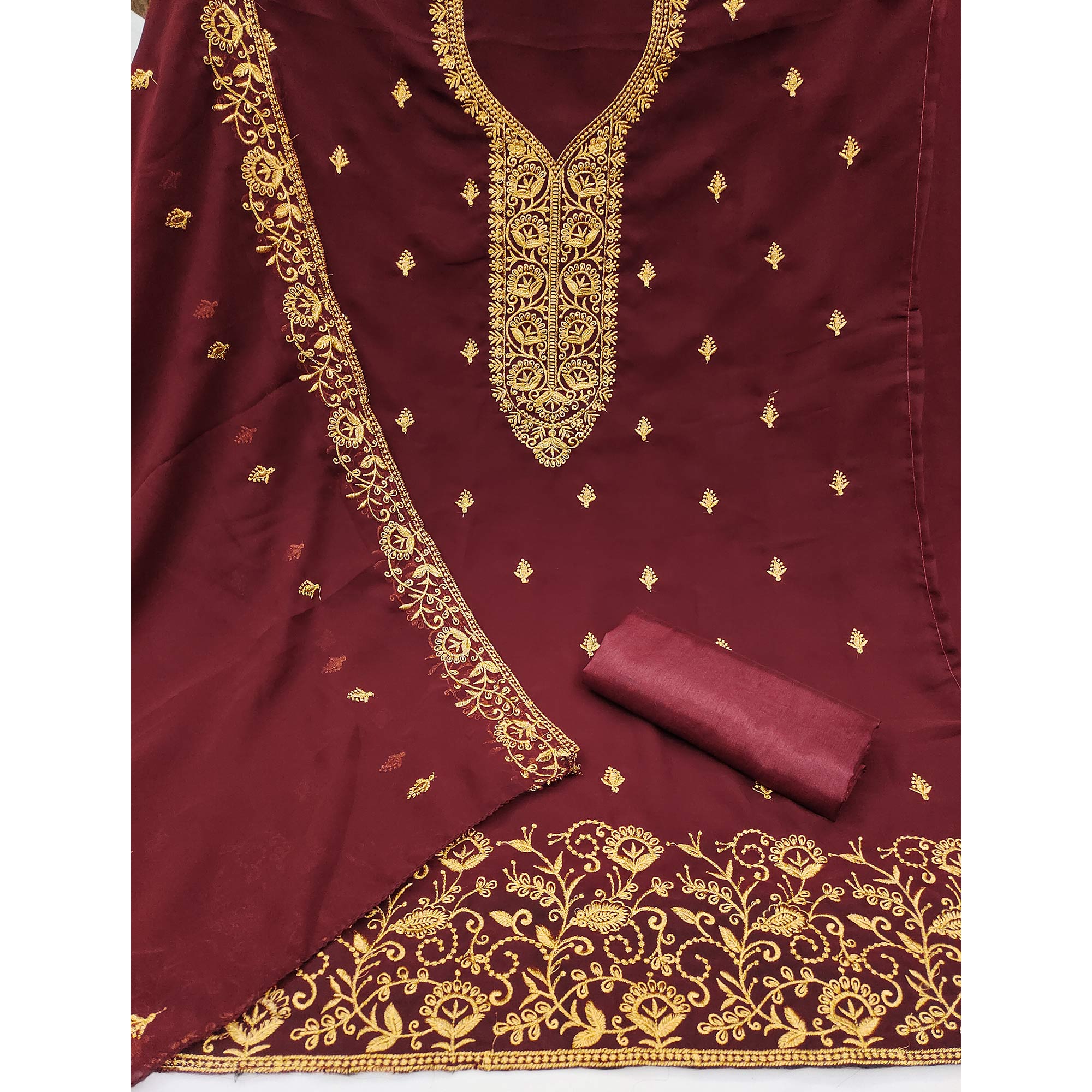 Maroon Georgette Dress Material With Intricate Floral Zari Embroidery