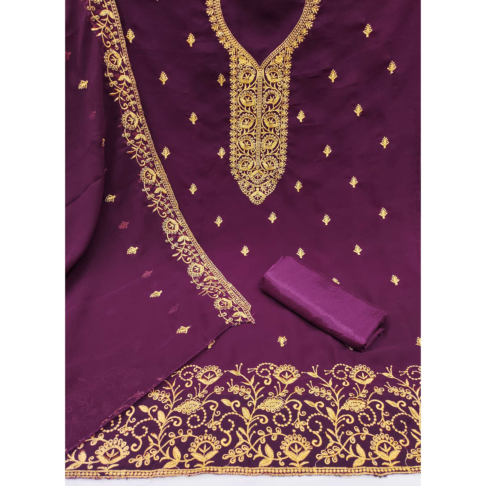 Wine Georgette Dress Material With Intricate Floral Zari Embroidery