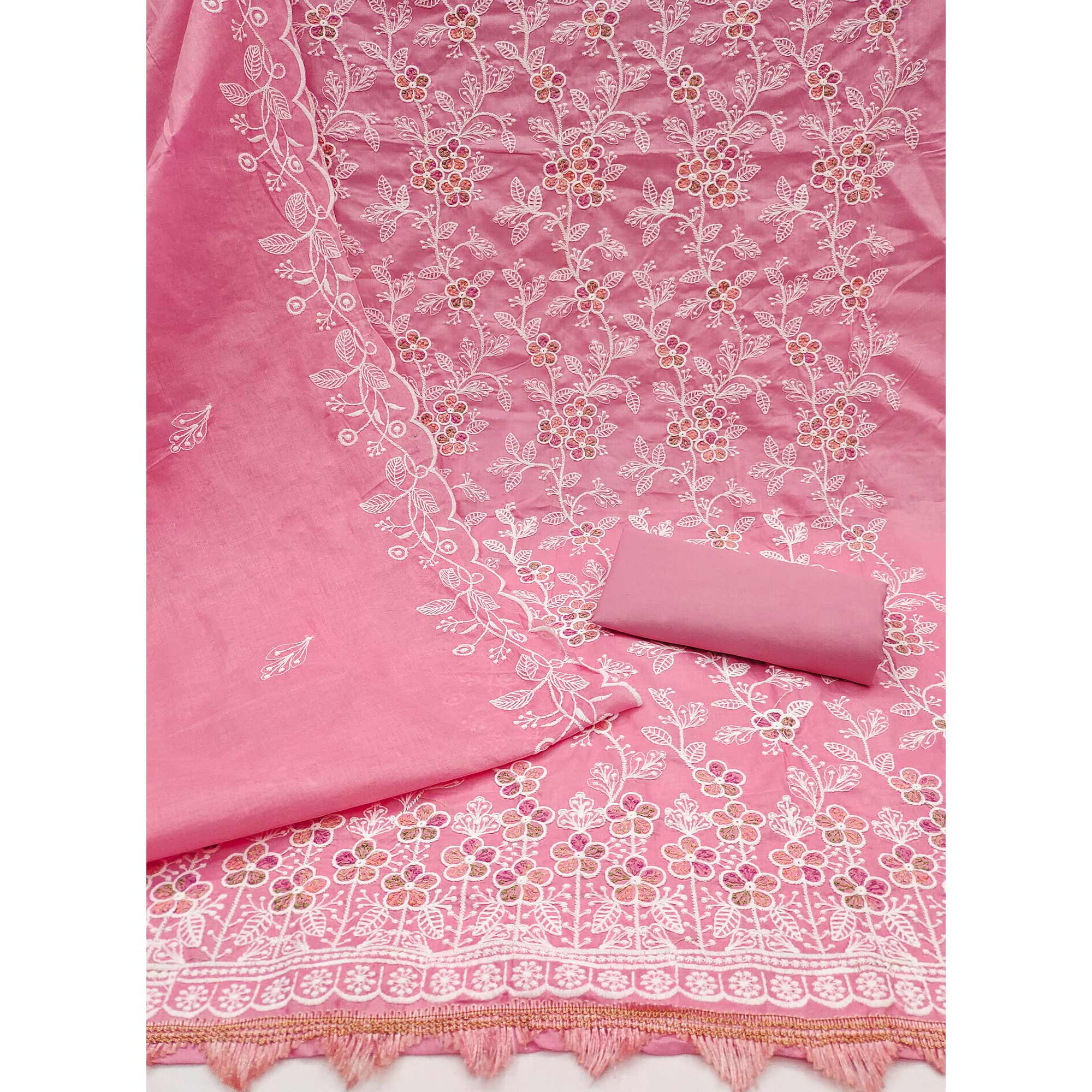 Pink Cotton Blend Dress Material With Delicate Floral Thread Embroidery