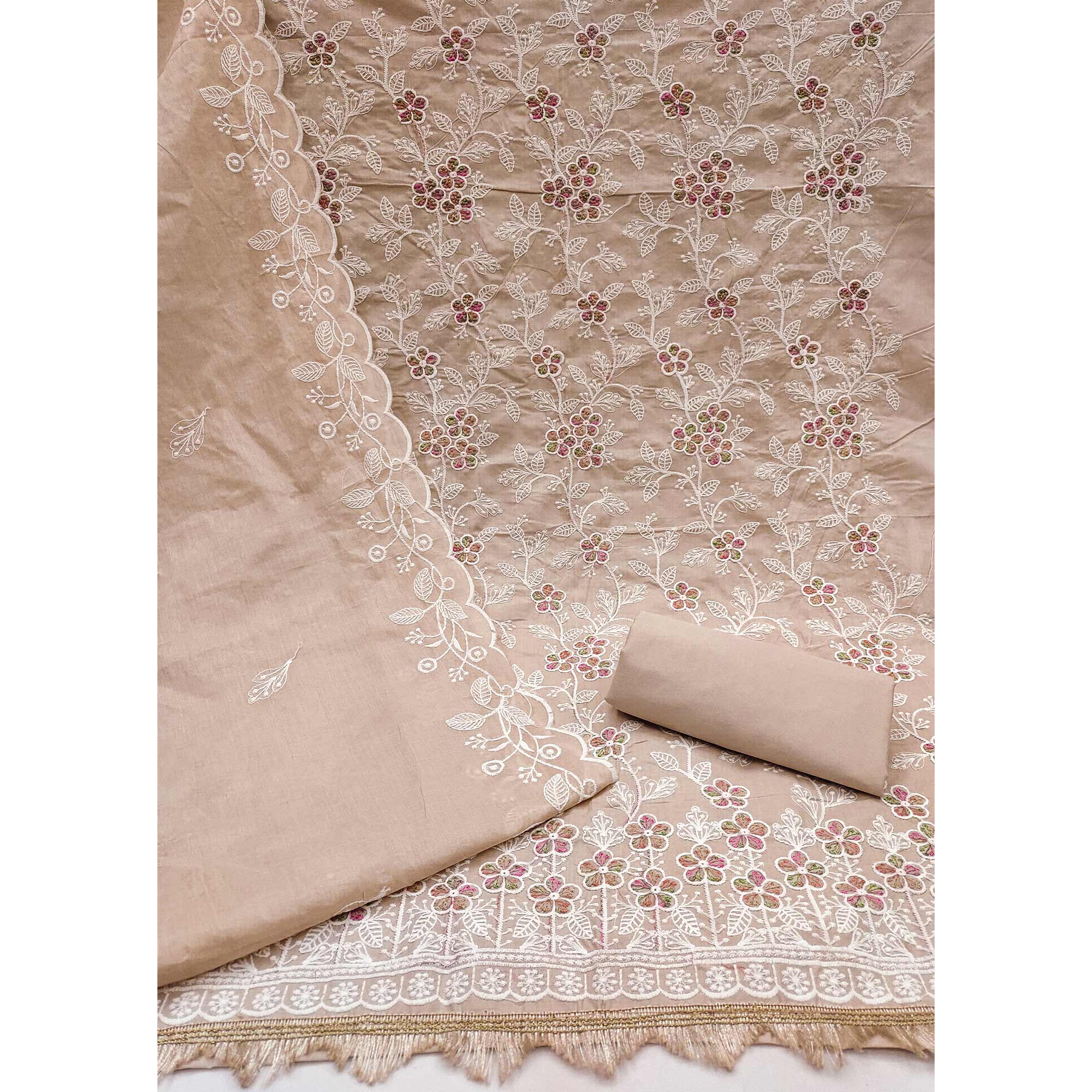 Warm Beige Cotton Blend Dress Material With Delicate Floral Thread Embroidery