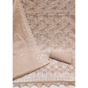 Warm Beige Cotton Blend Dress Material With Delicate Floral Thread Embroidery