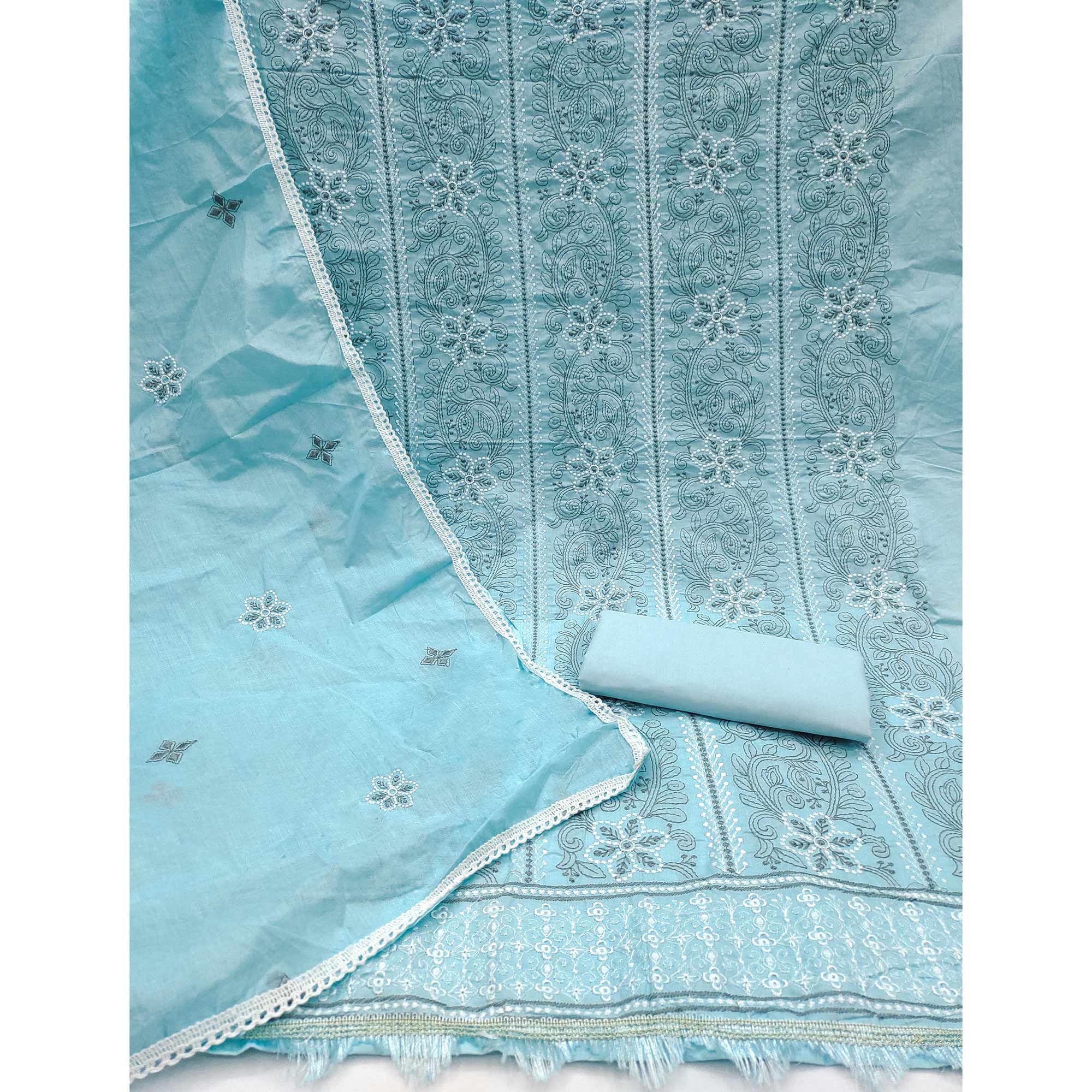 Blue Cotton Blend Dress Material With Intricate Floral Thread Embroidery Work