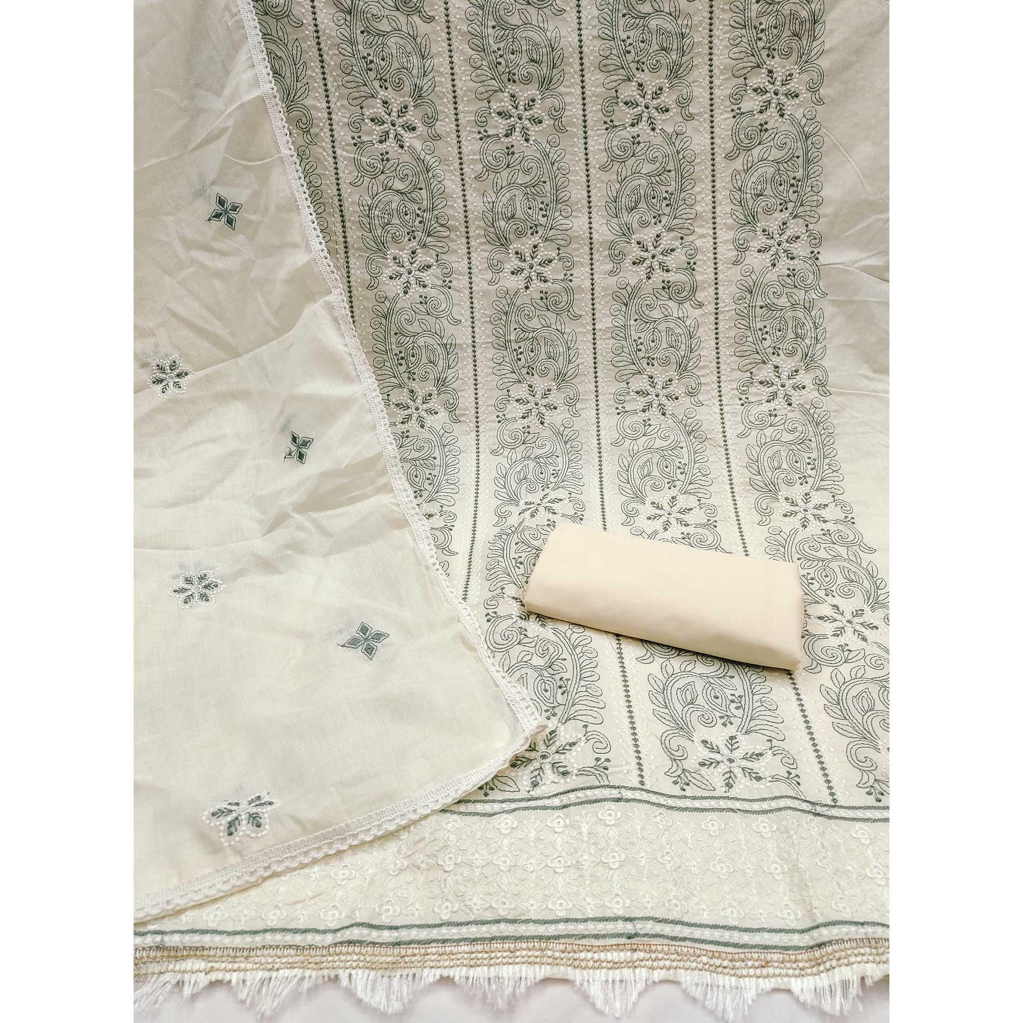 Cream Cotton Blend Dress Material With Intricate Floral Thread Embroidery Work