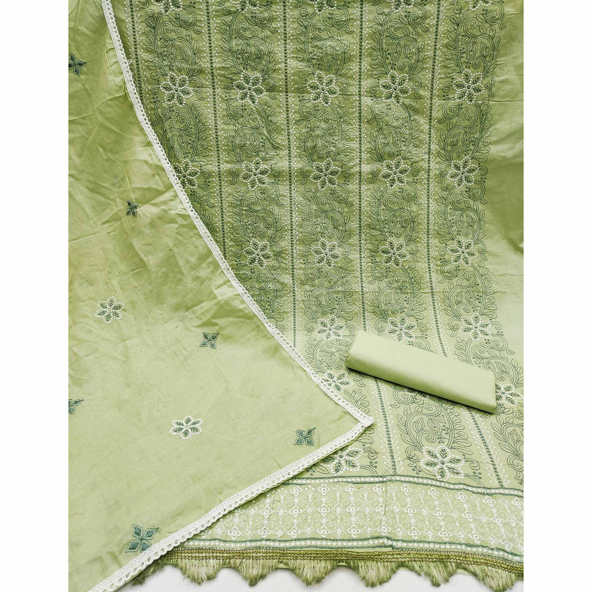 Green Cotton Blend Dress Material With Intricate Floral Thread Embroidery Work