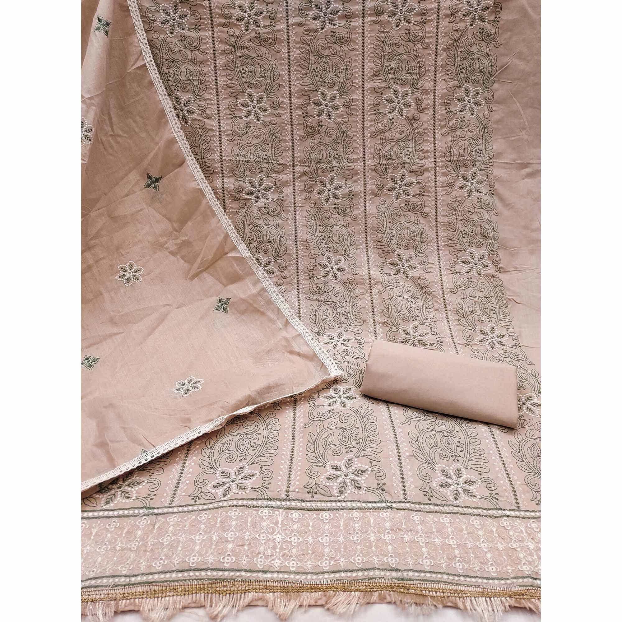 Warm Beige Cotton Blend Dress Material With Intricate Floral Thread Embroidery Work