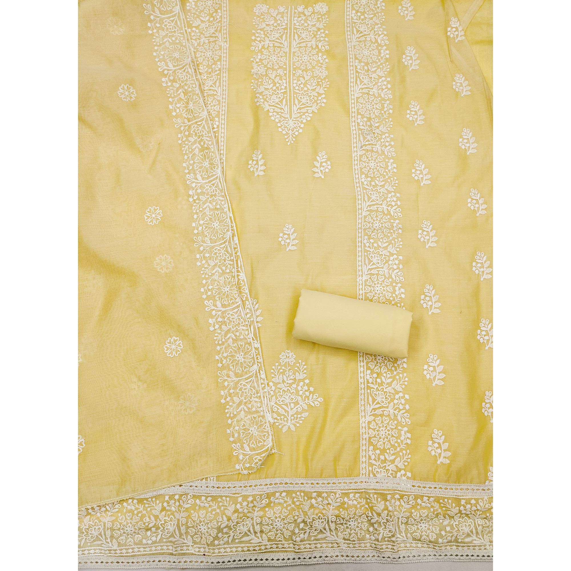 Light Yellow Floral Embroidered Chanderi Silk Dress Material For Graceful Styling
