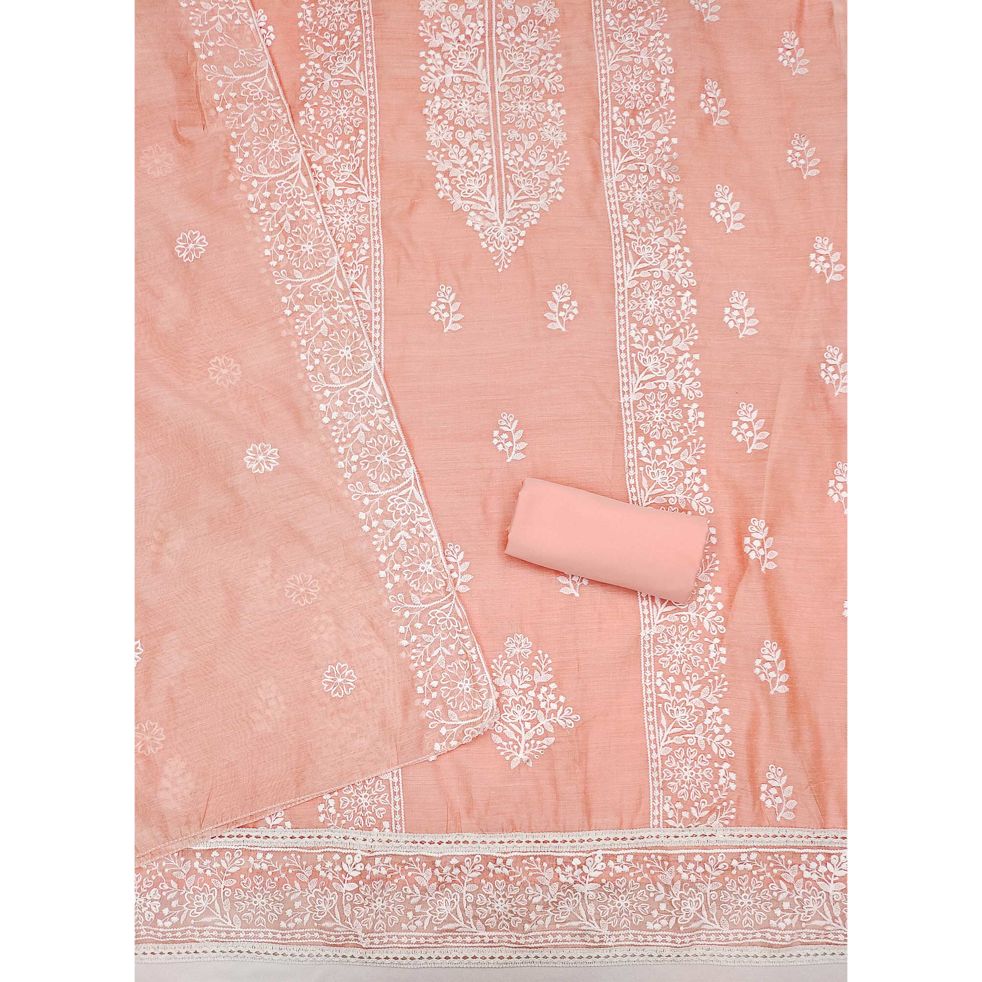 Peach Floral Embroidered Chanderi Silk Dress Material For Graceful Styling