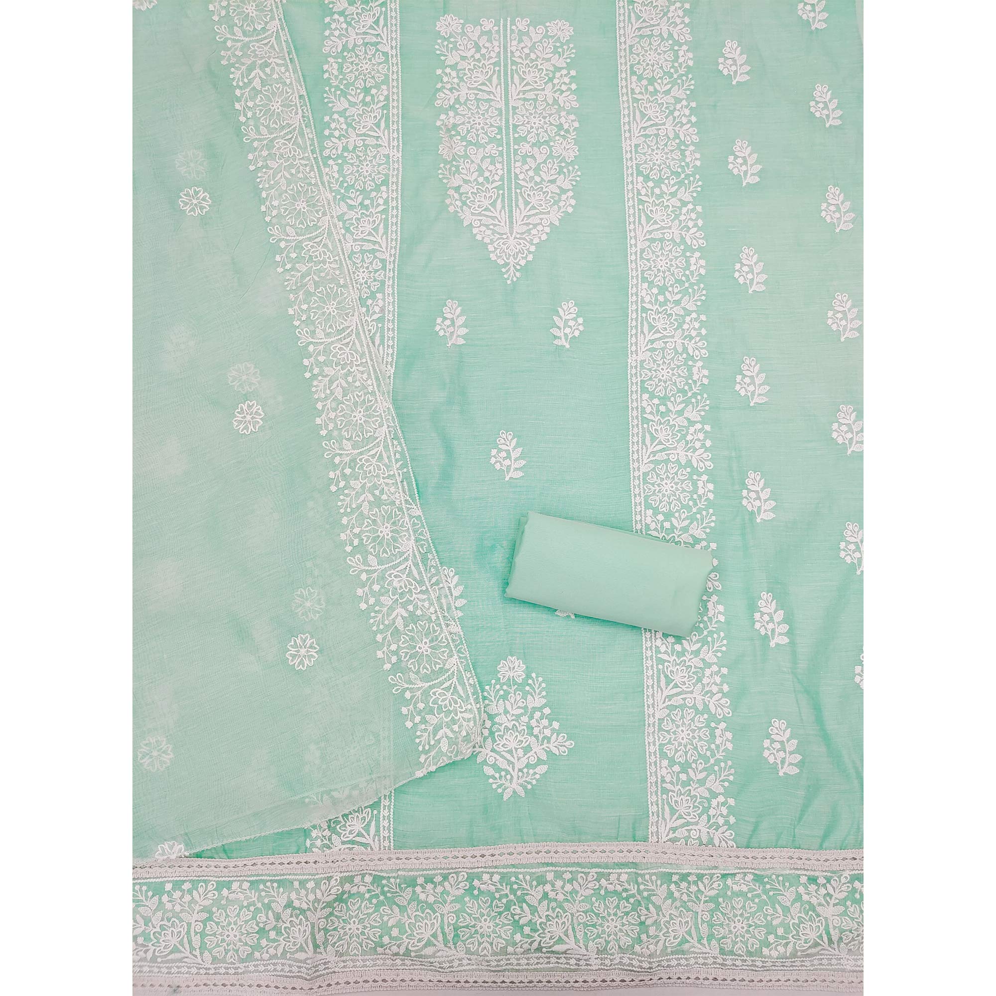 Turquoise Floral Embroidered Chanderi Silk Dress Material For Graceful Styling