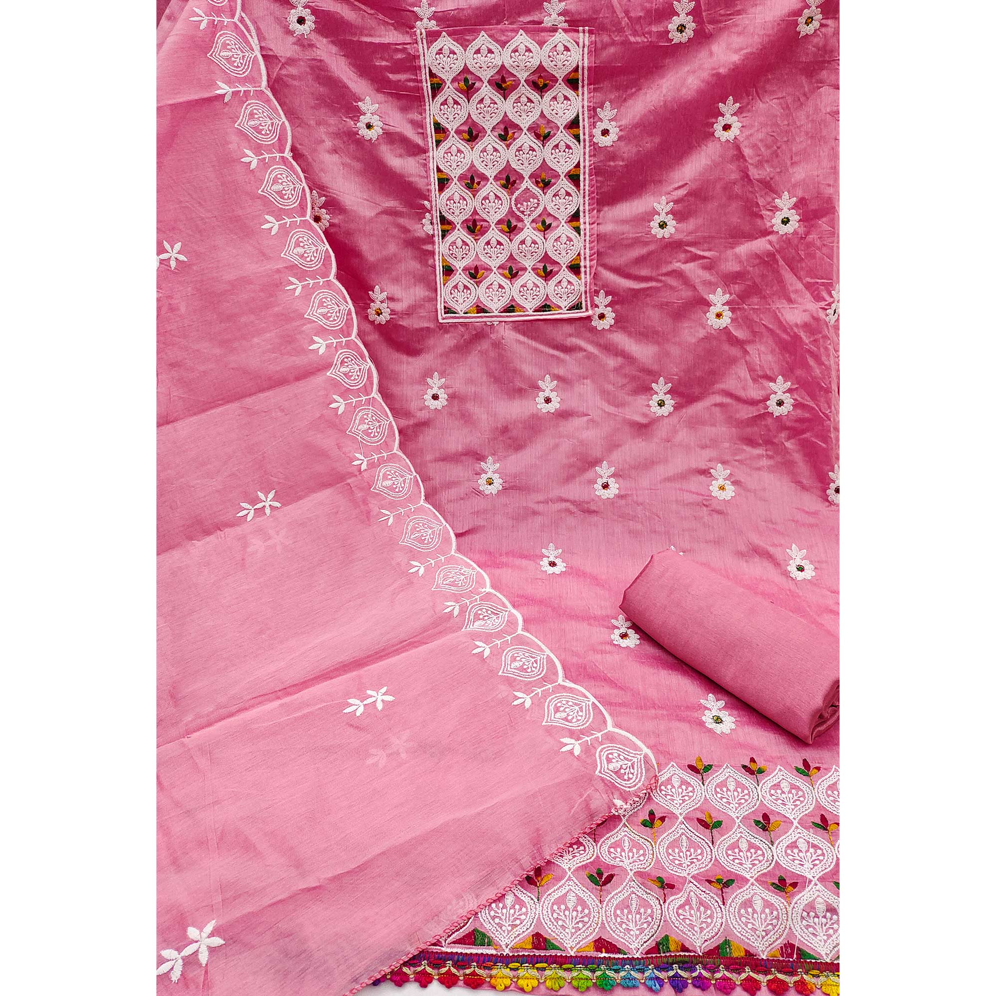 Pink Chanderi Cotton Suit Material with Graceful Embroidery