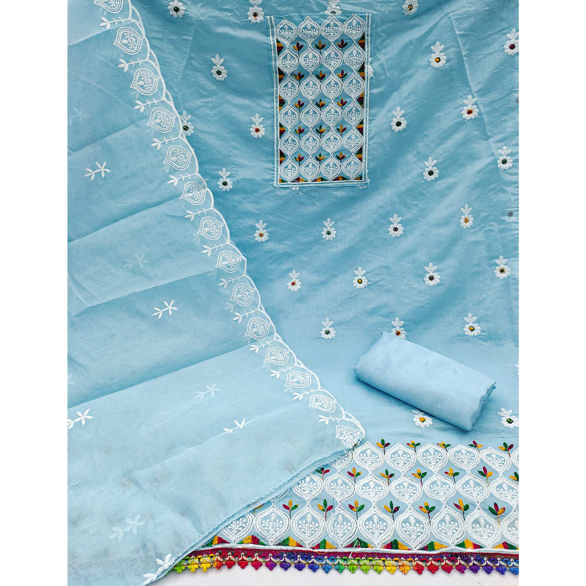 Sky Blue Chanderi Cotton Suit Material with Graceful Embroidery
