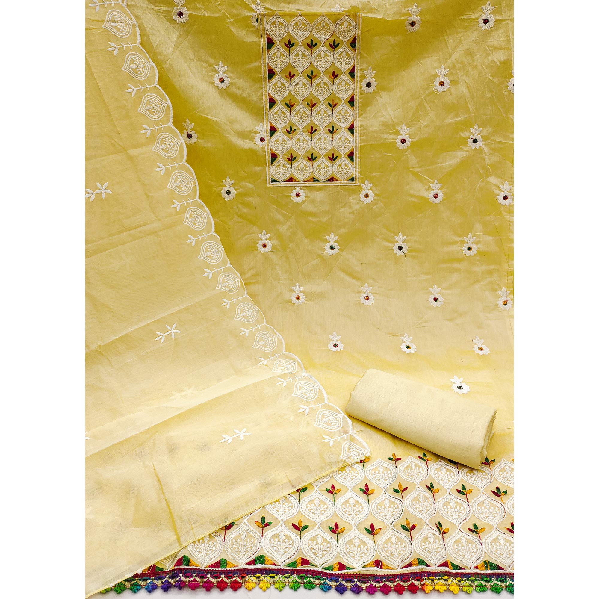 Yellow Chanderi Cotton Suit Material with Graceful Embroidery
