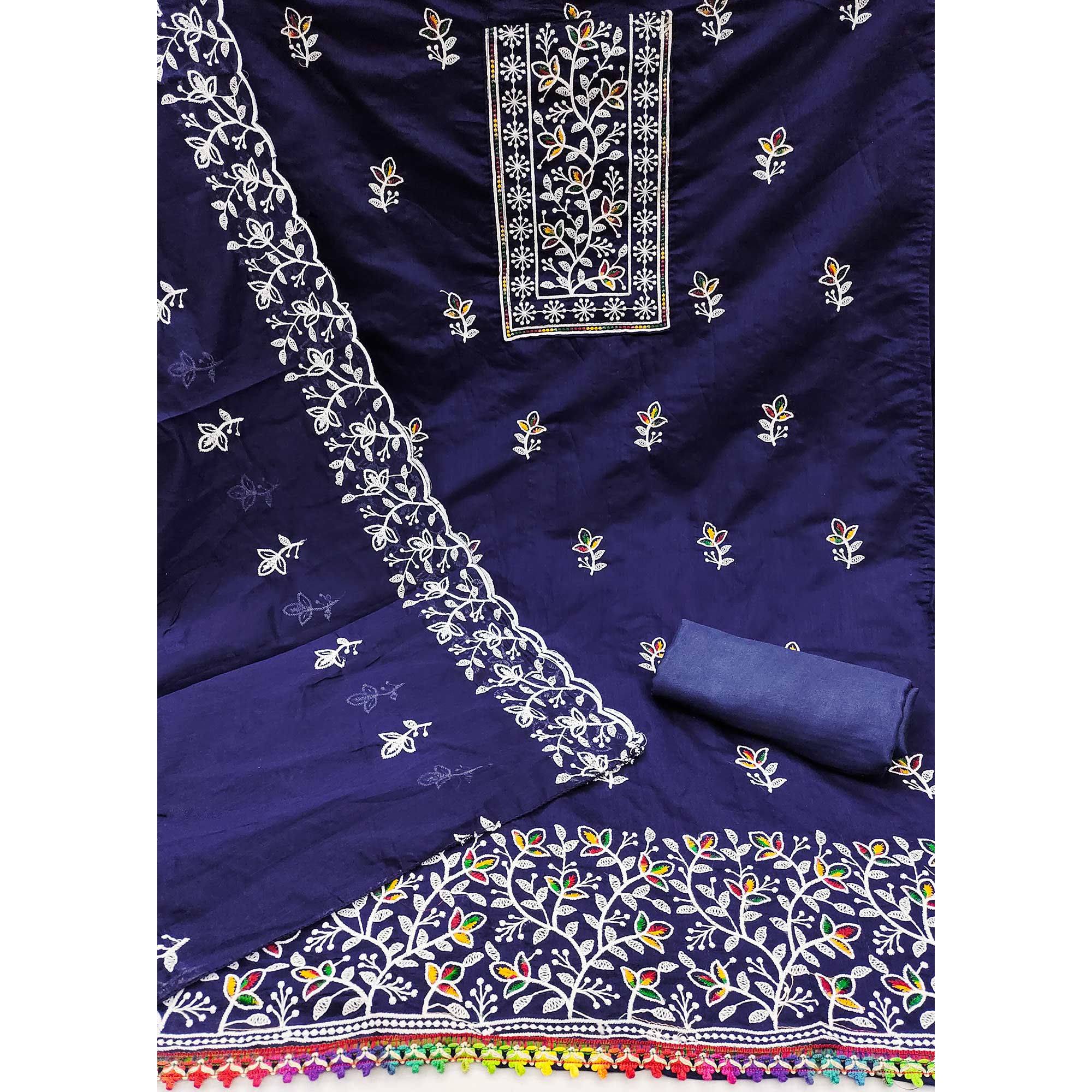 Navy Blue Embroidered Floral Chanderi Cotton Material for Elegant Dressing