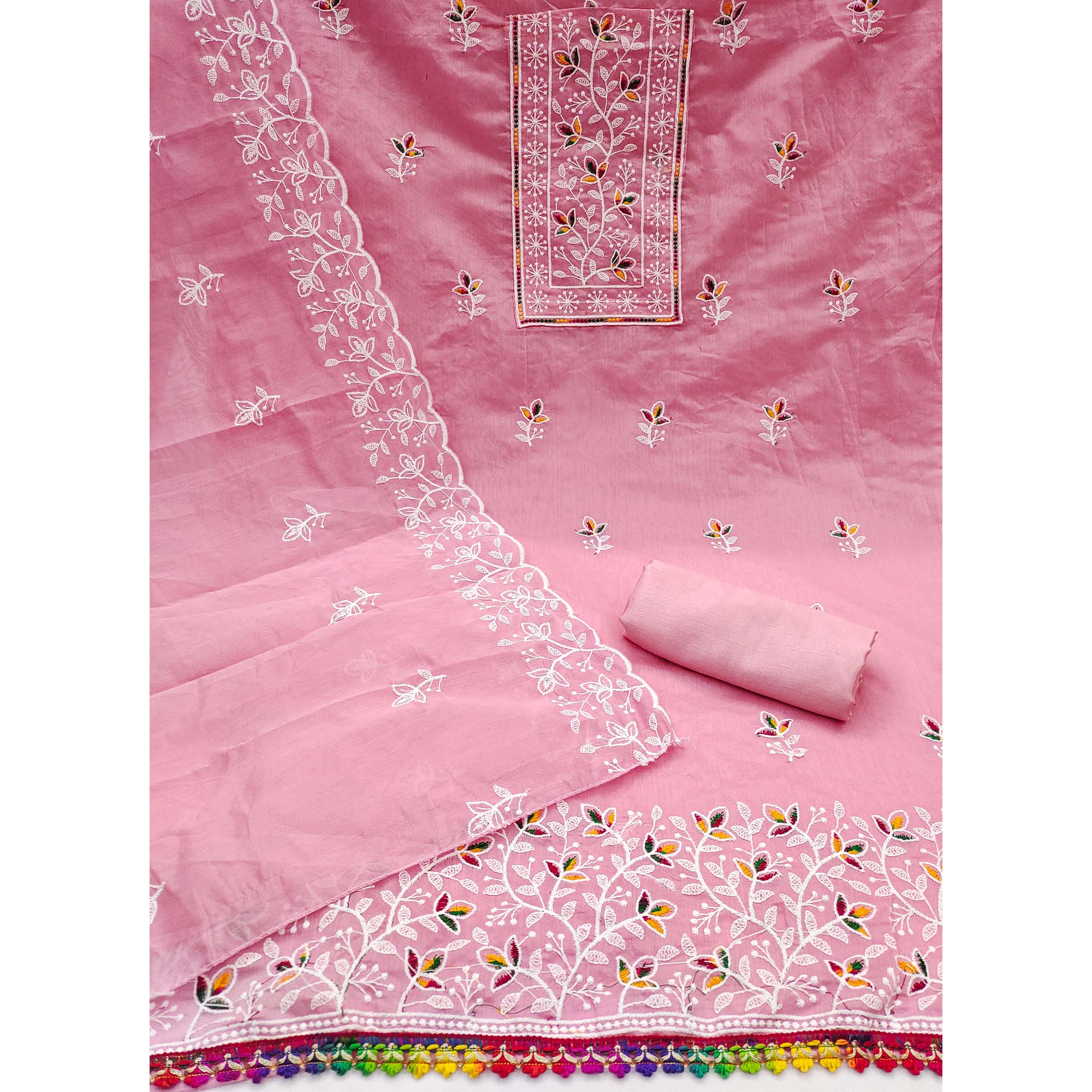 Pink Embroidered Floral Chanderi Cotton Material for Elegant Dressing