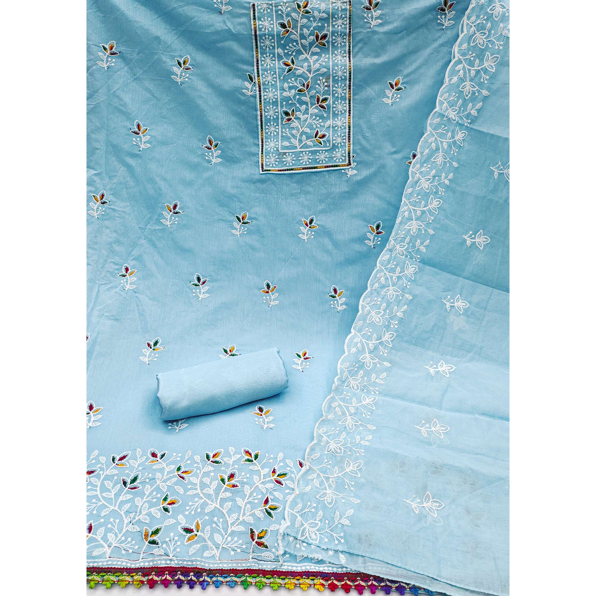 Sky Blue Embroidered Floral Chanderi Cotton Material for Elegant Dressing