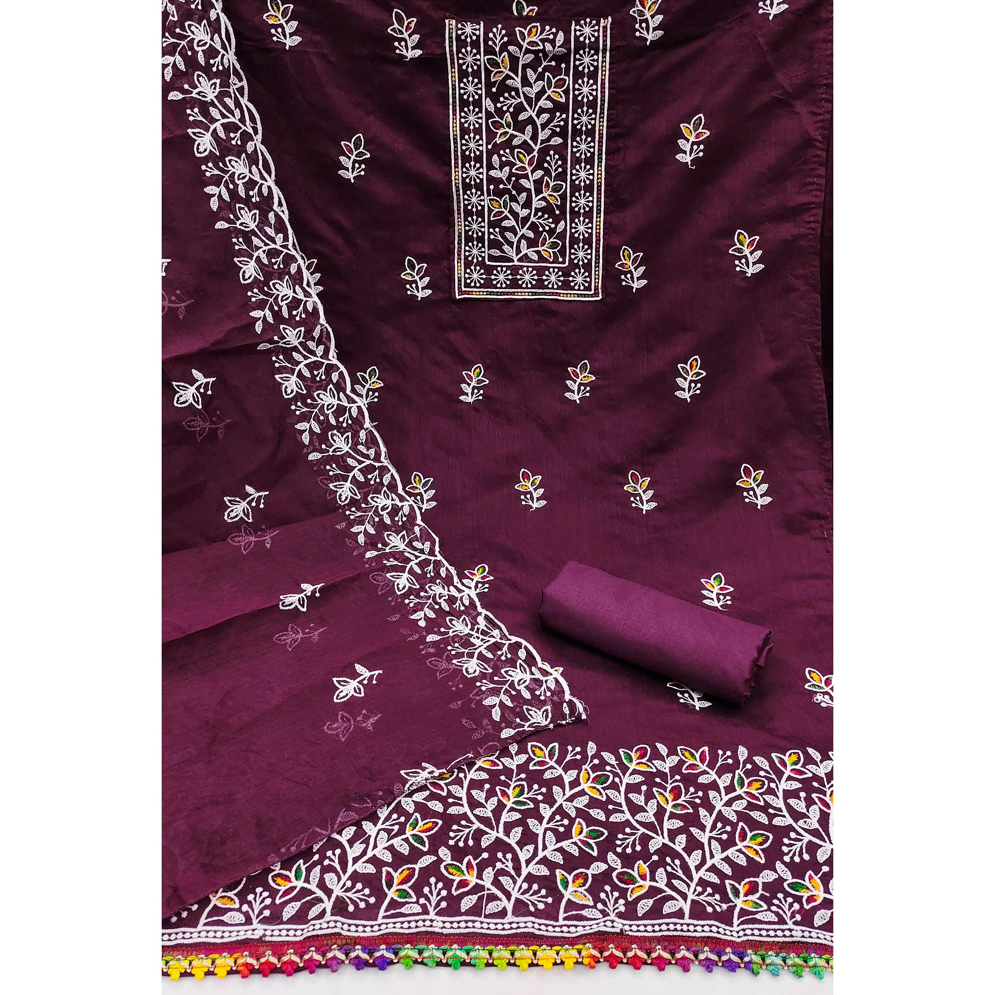 Wine Embroidered Floral Chanderi Cotton Material for Elegant Dressing