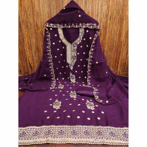 Wine Dress Material Featuring Delicate Floral Thread & Zari Embroidery Work On Georgette