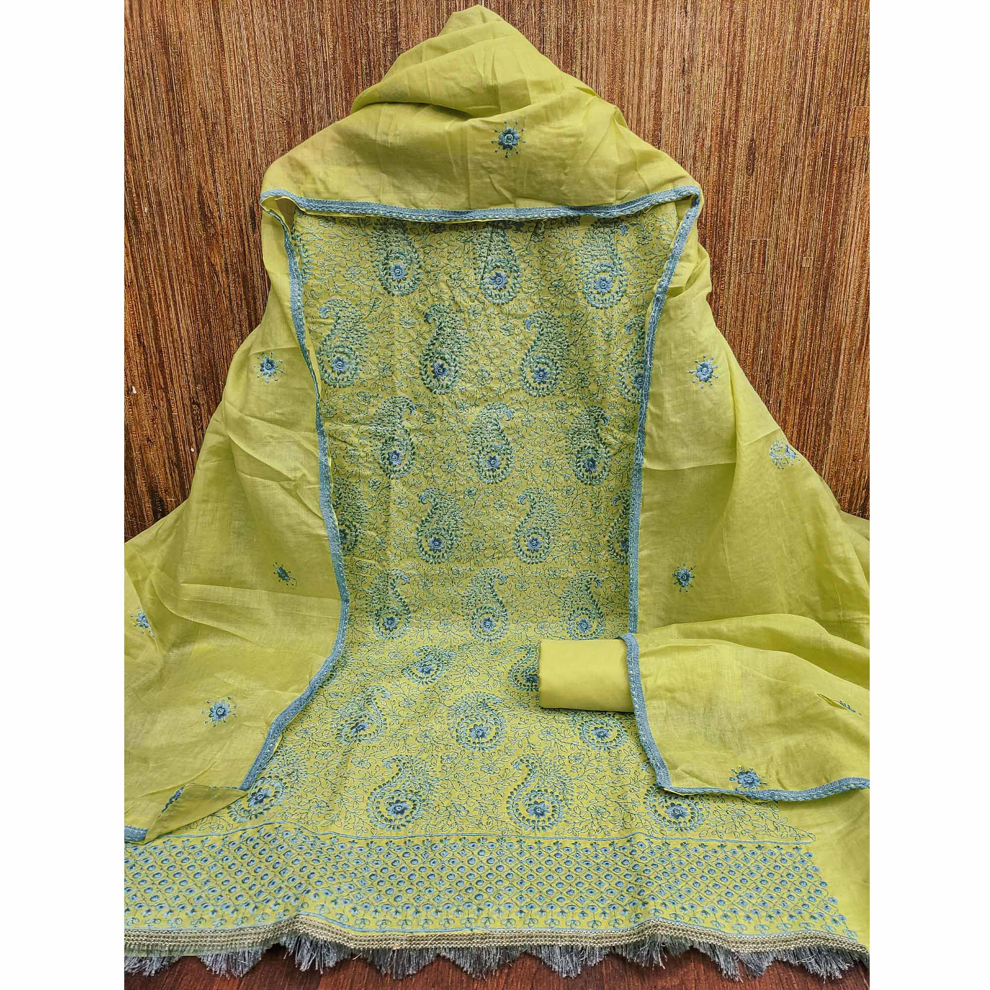 Green Dress Material In Cotton Blend With Graceful Floral Thread Embroidery