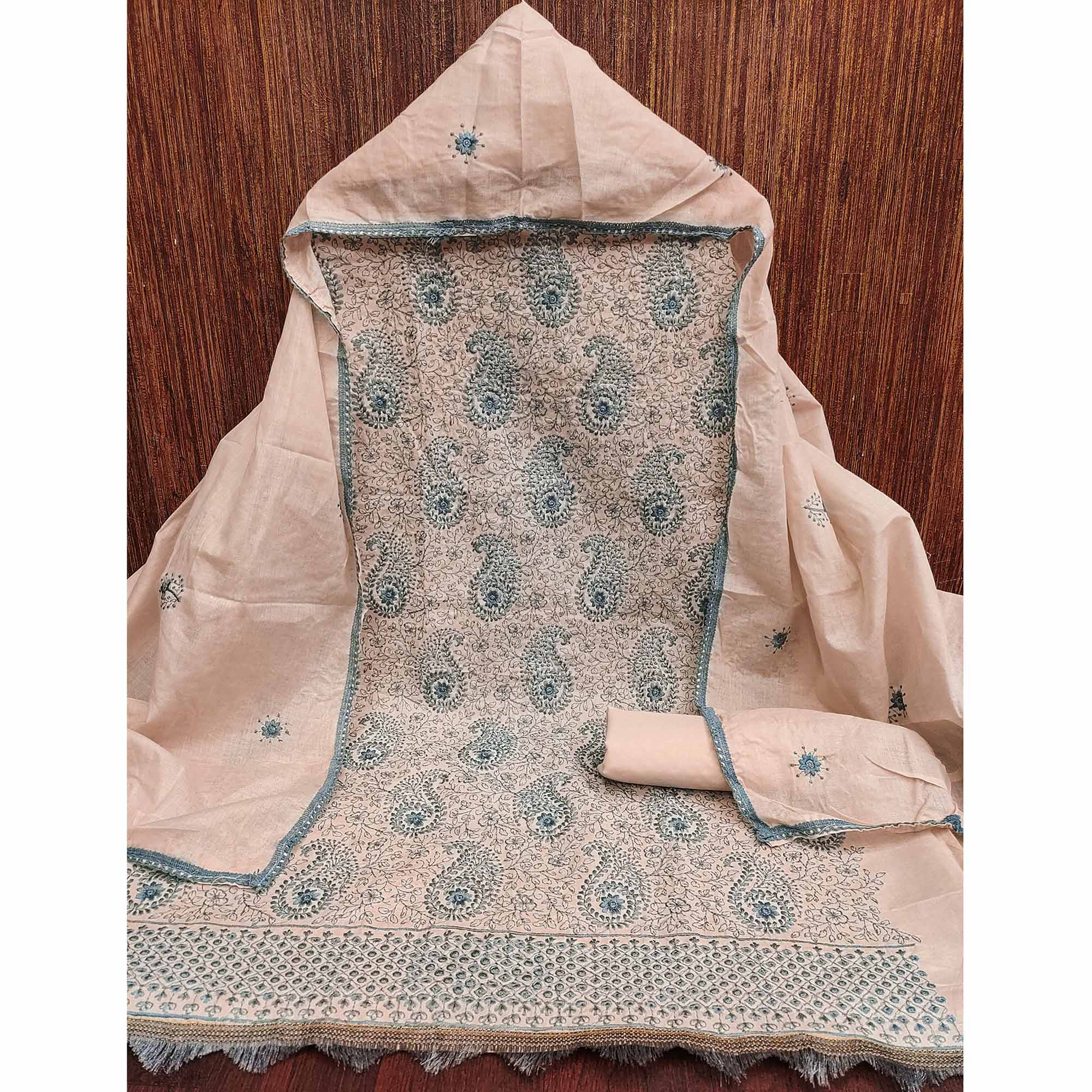 Peach Dress Material In Cotton Blend With Graceful Floral Thread Embroidery