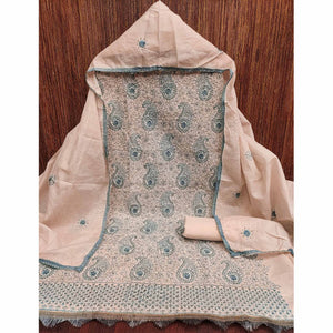 Peach Dress Material In Cotton Blend With Graceful Floral Thread Embroidery