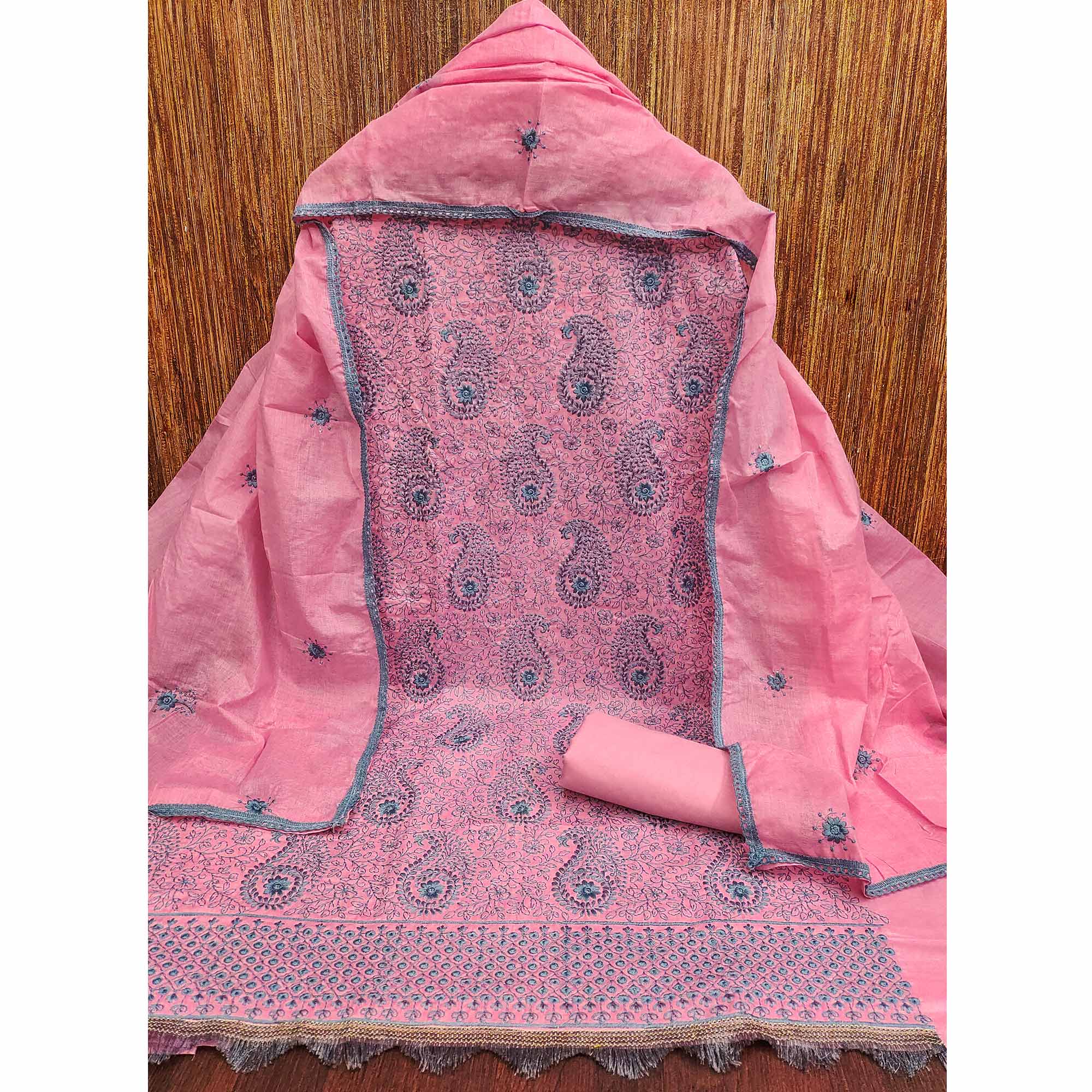 Pink Dress Material In Cotton Blend With Graceful Floral Thread Embroidery