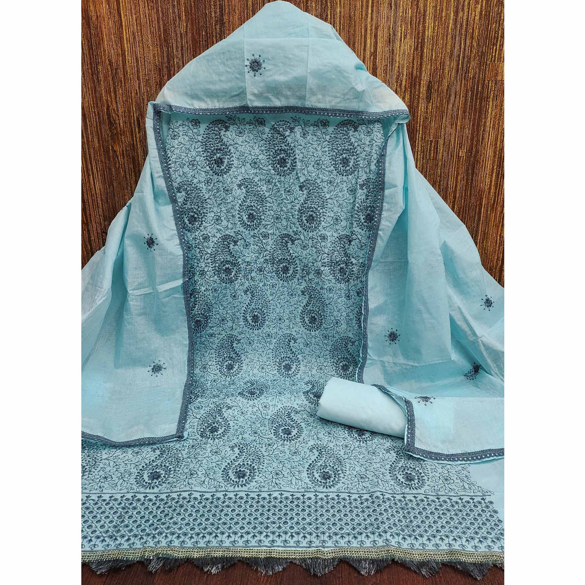 Sky Blue Dress Material In Cotton Blend With Graceful Floral Thread Embroidery