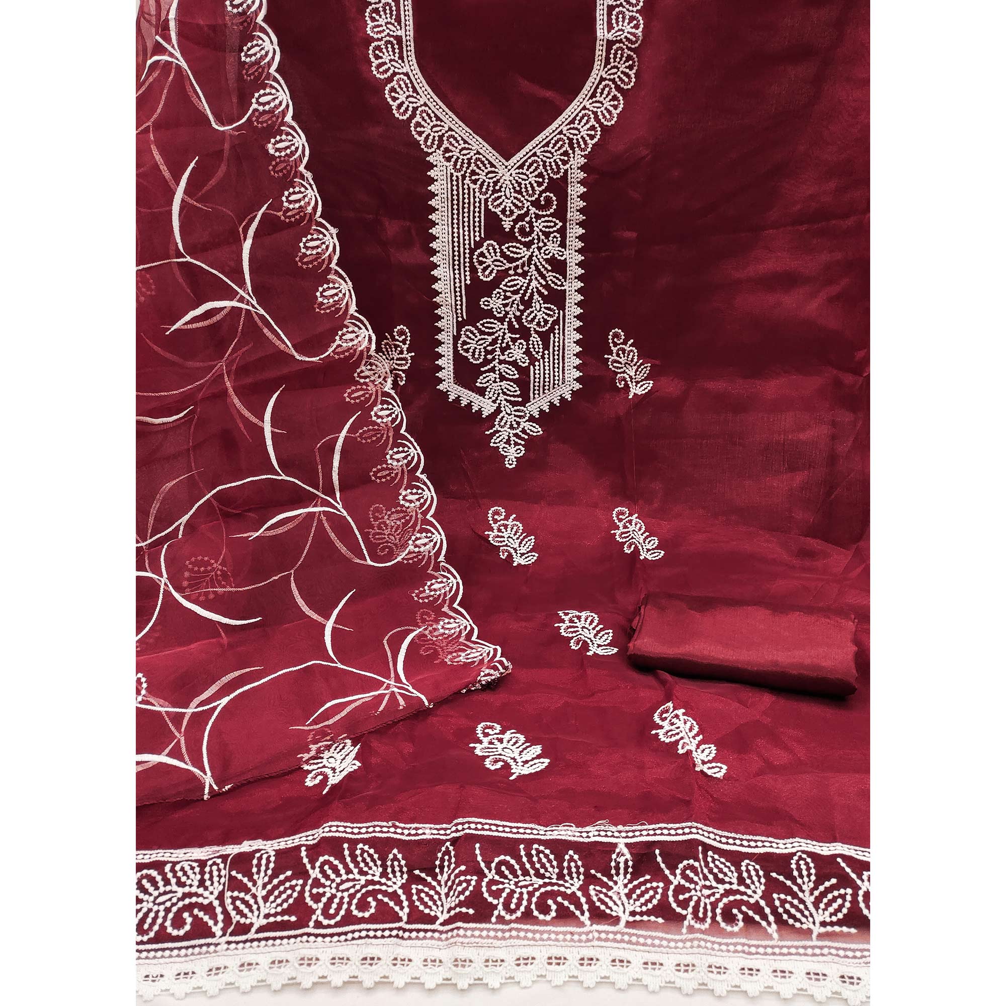 Maroon Organza Dress Material With Alluring Thread Floral Embroidery