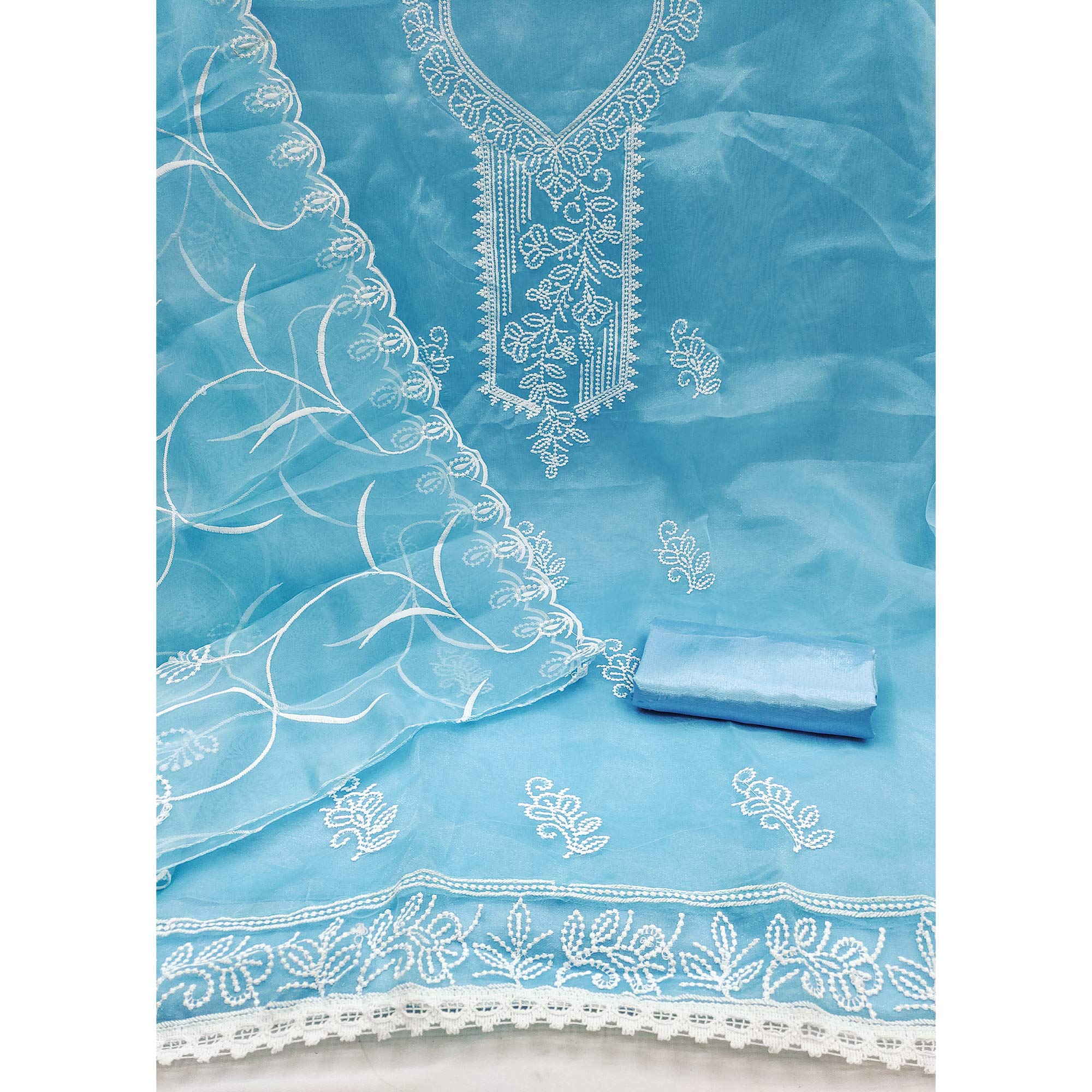 Sky Blue Organza Dress Material With Alluring Thread Floral Embroidery