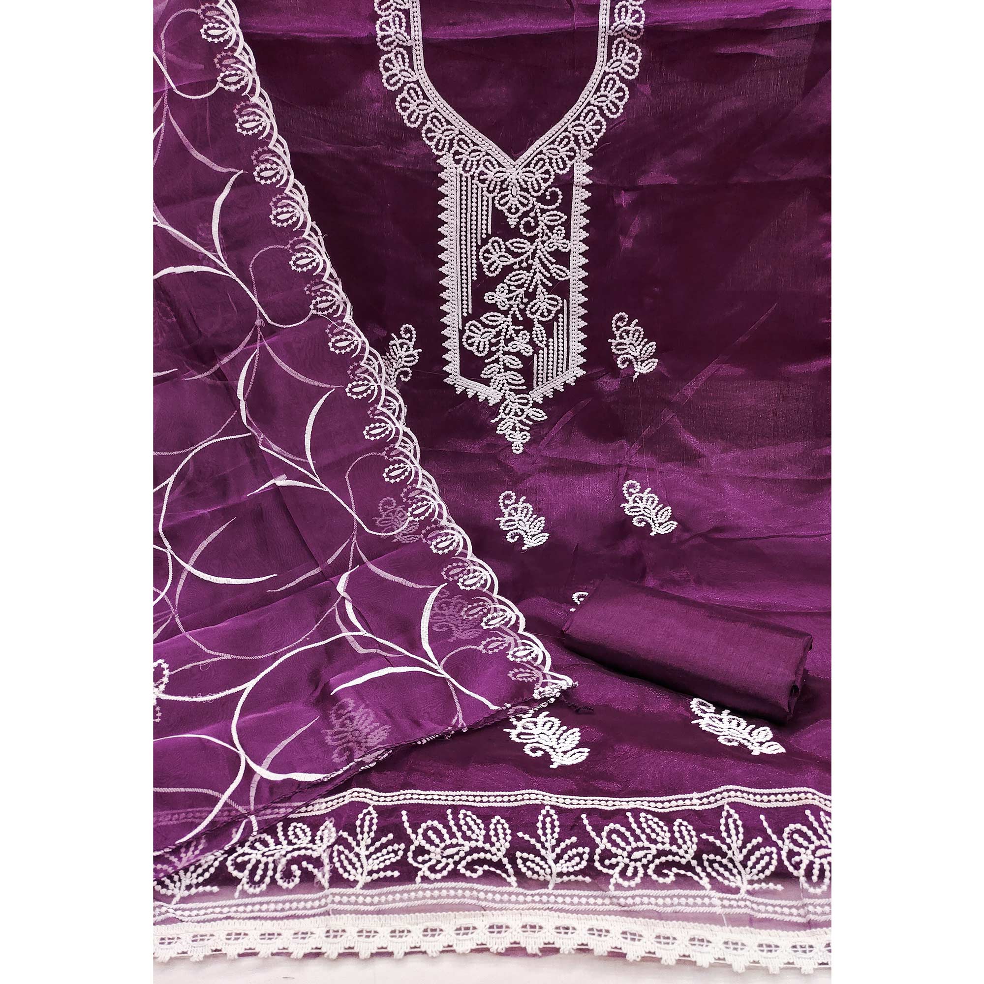 Wine Organza Dress Material With Alluring Thread Floral Embroidery