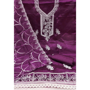 Wine Organza Dress Material With Alluring Thread Floral Embroidery