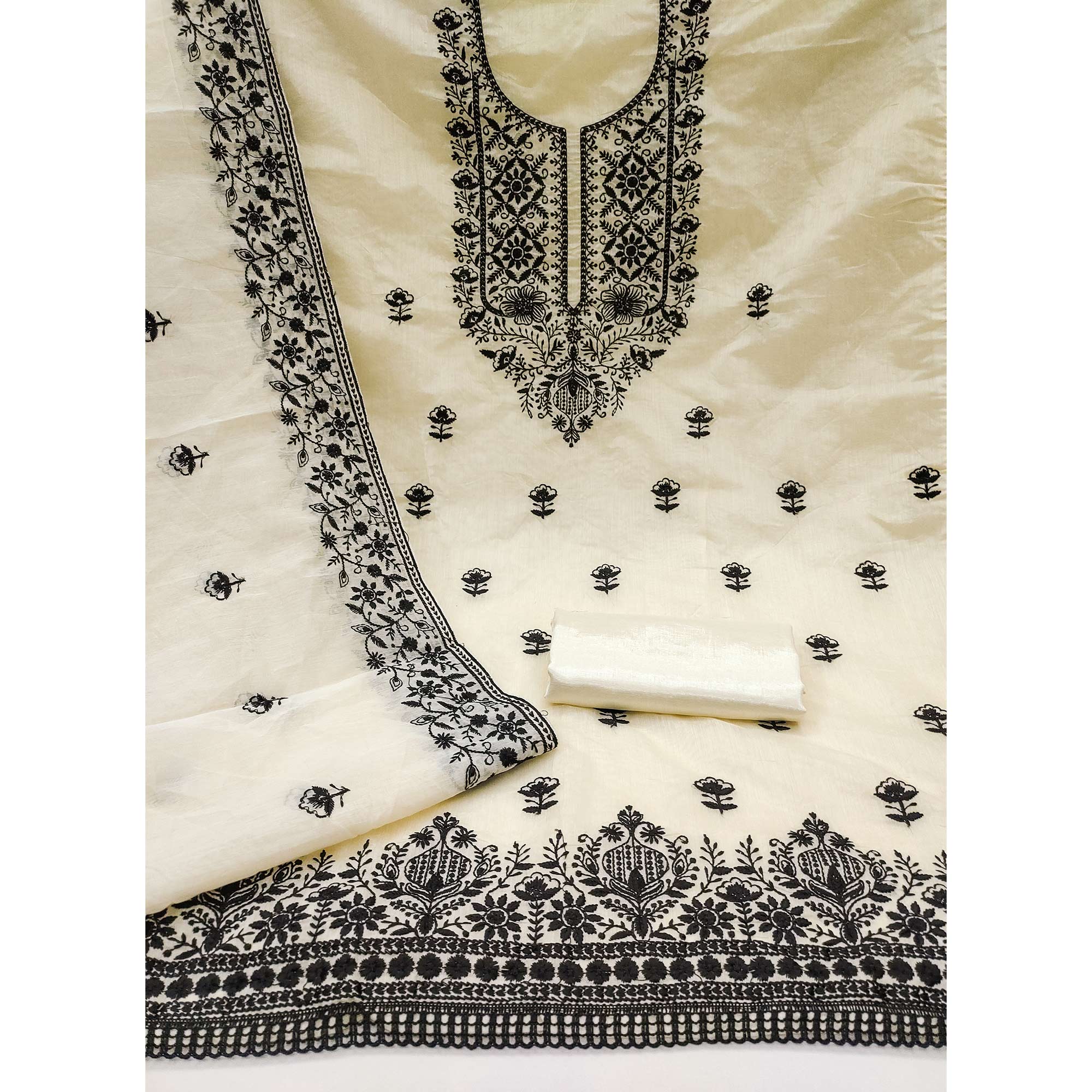 Festive Off White Floral Embroidered Salwar Suit in Sheer Chanderi Silk - Image 3