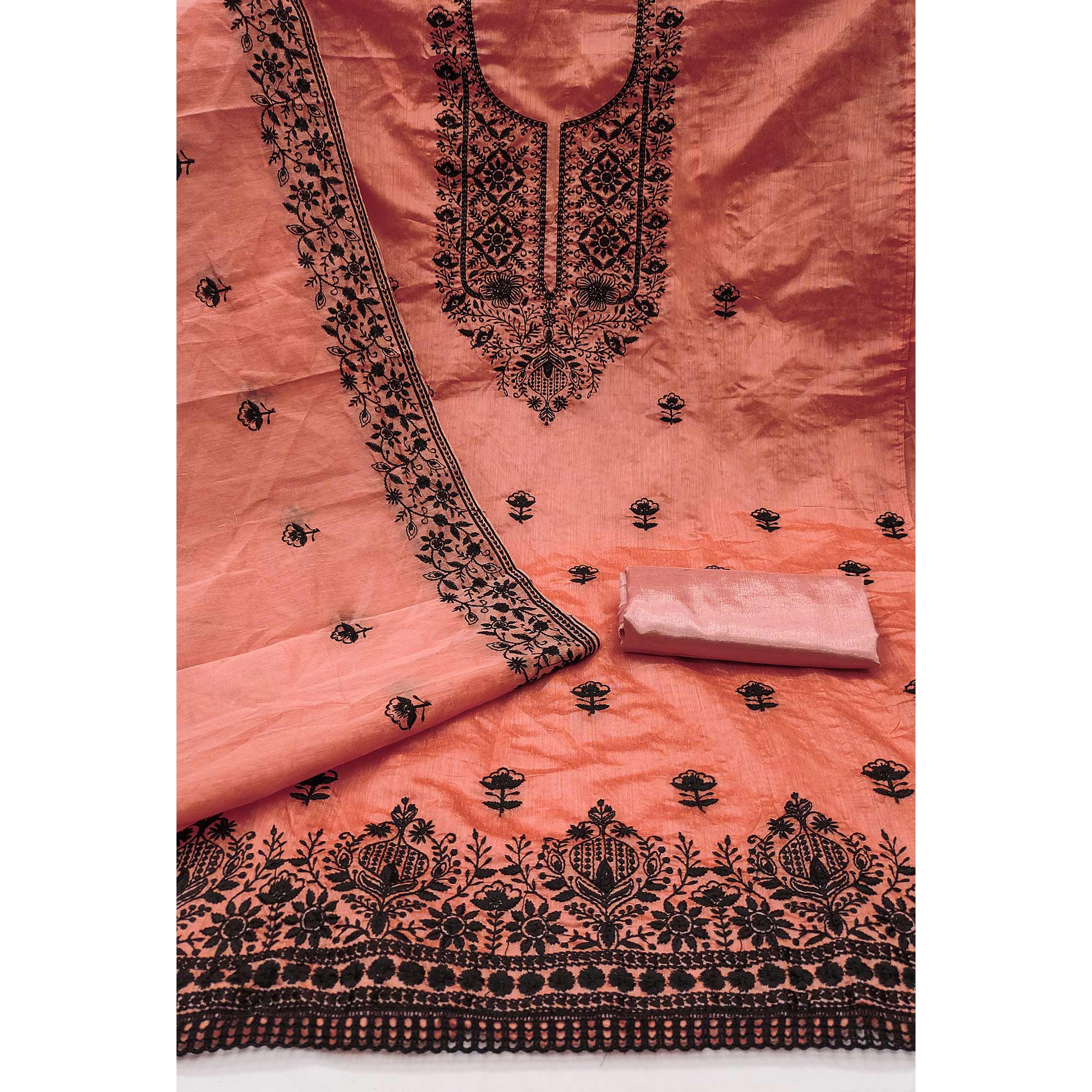 Festive Peach Floral Embroidered Dress Material in Sheer Chanderi Silk
