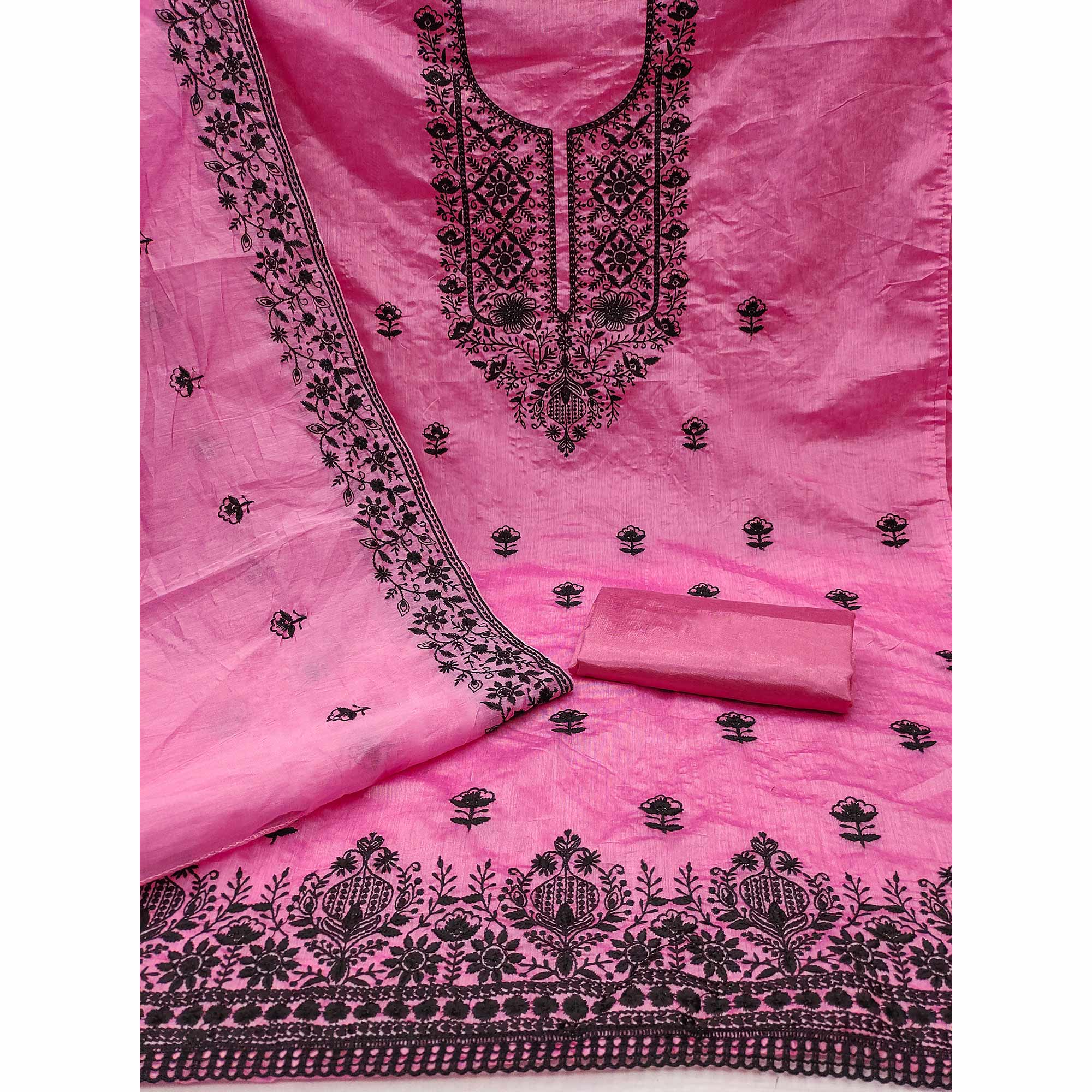 Festive Pink Floral Embroidered Dress Material in Sheer Chanderi Silk