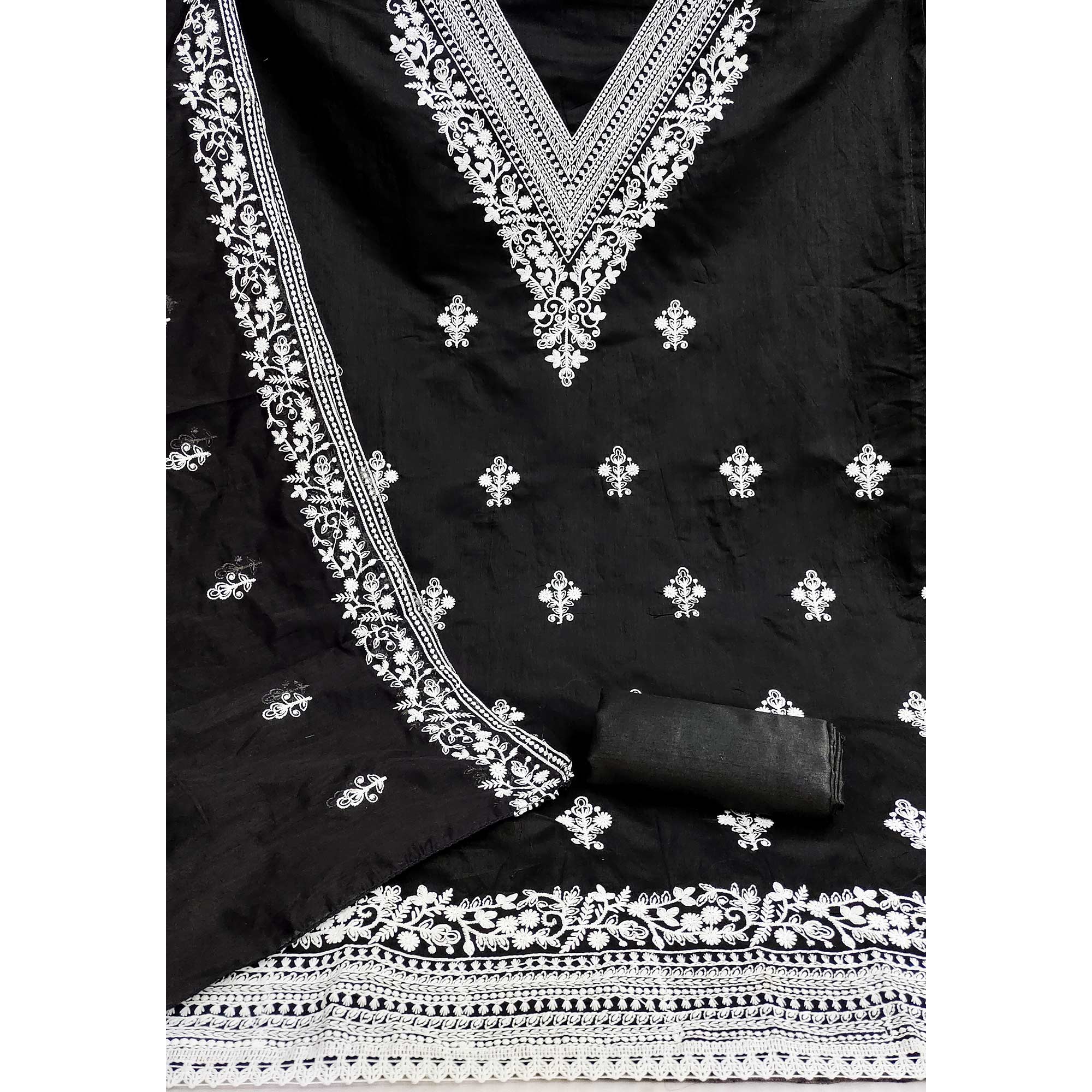 Traditional Black Chanderi Silk Suit Fabric with Embroidered Floral Patterns