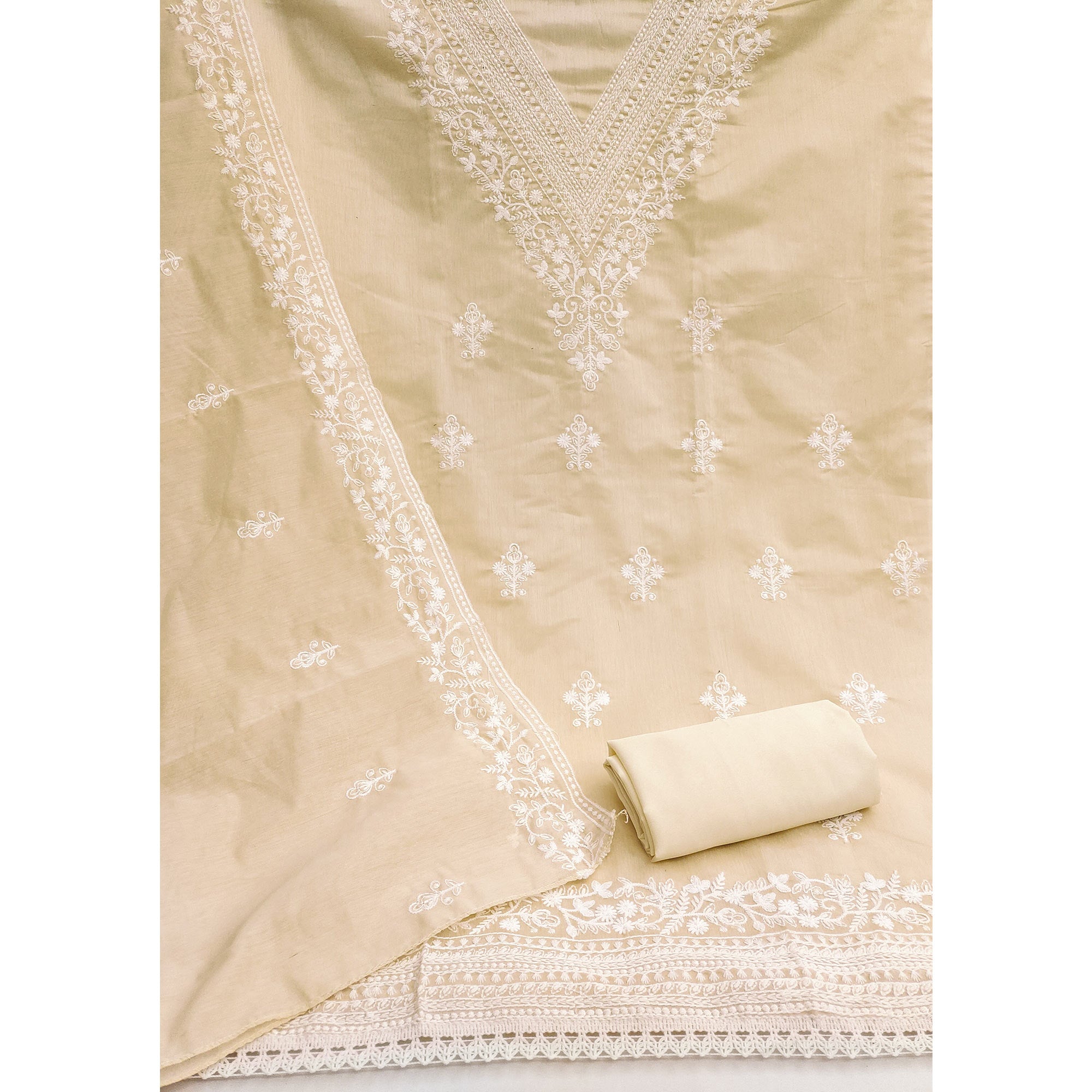 Traditional Cream Chanderi Silk Suit Fabric with Embroidered Floral Patterns