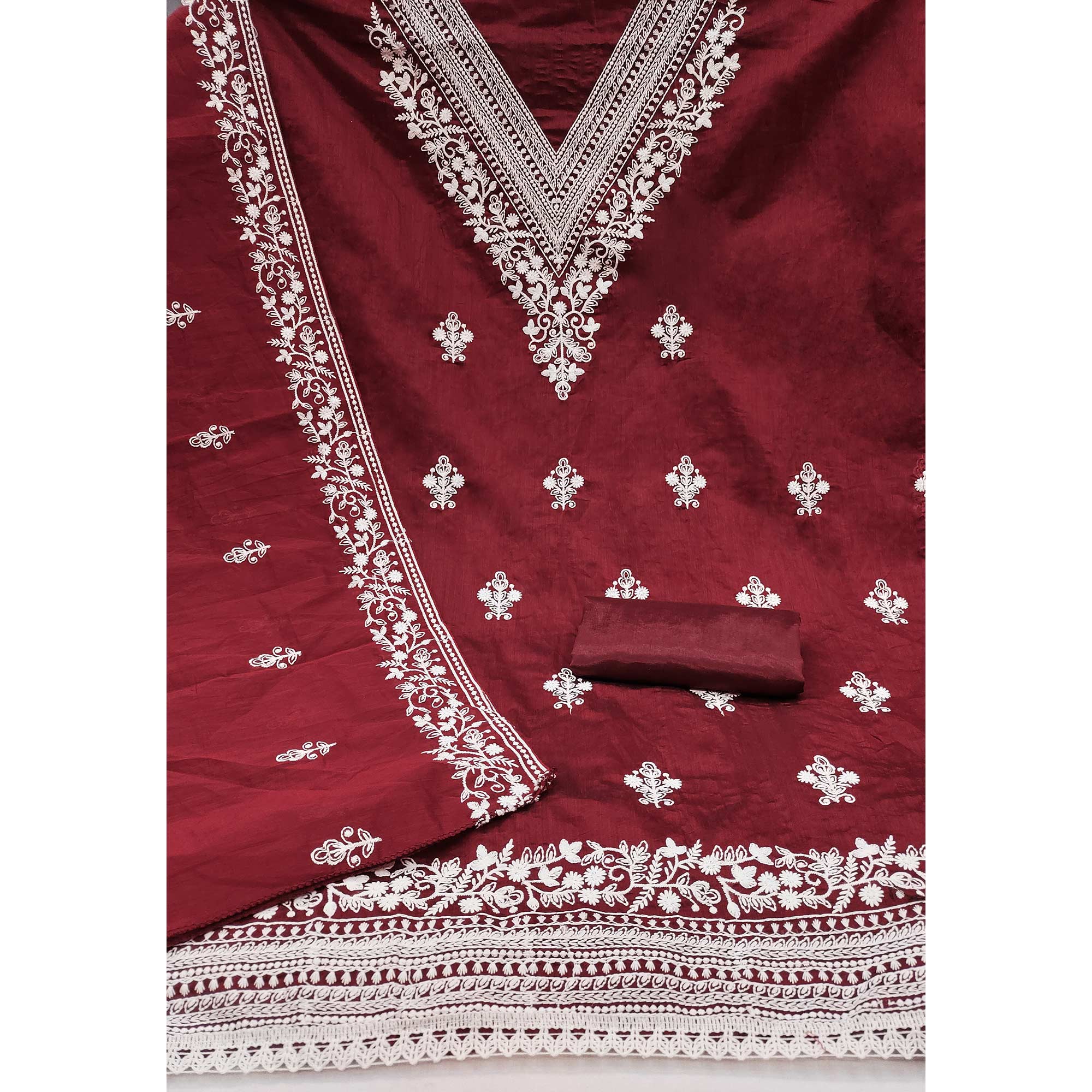 Traditional Maroon Chanderi Silk Suit Fabric with Embroidered Floral Patterns