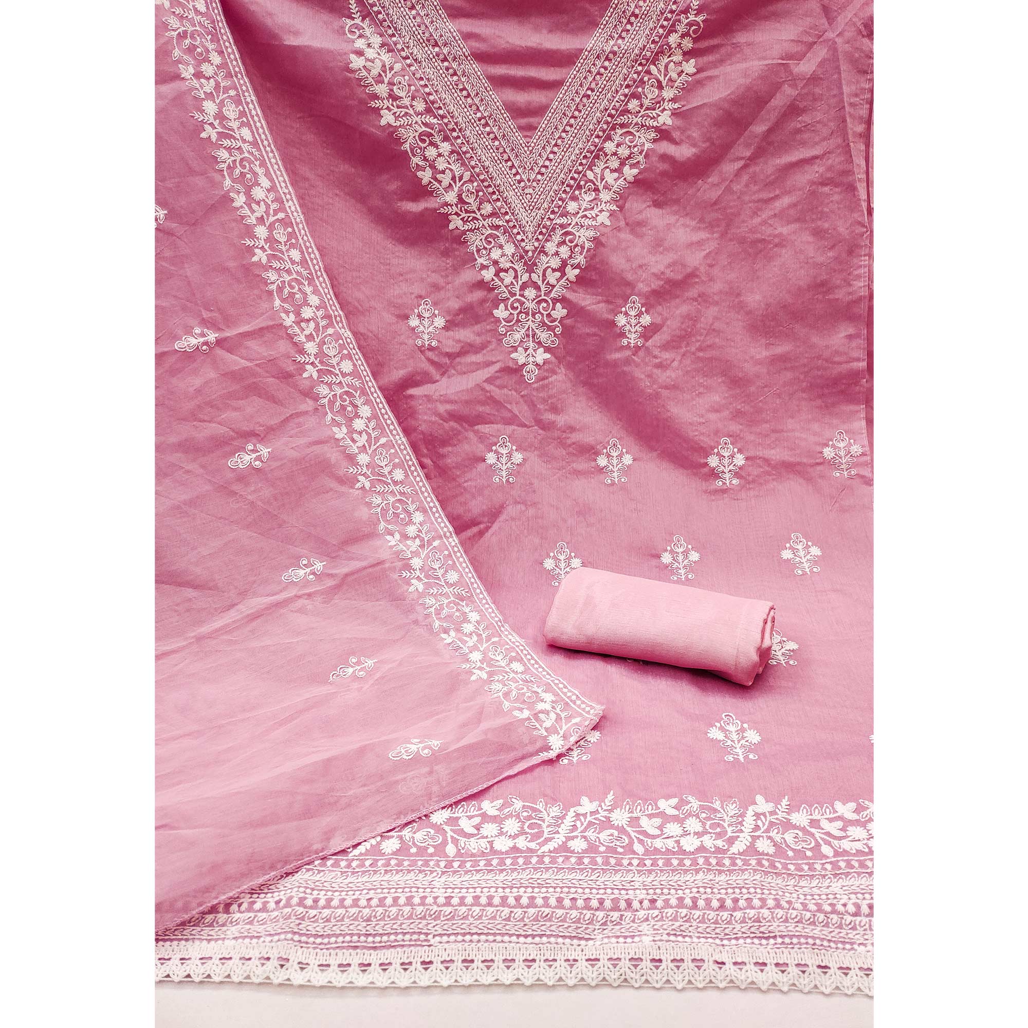 Traditional Pink Chanderi Silk Suit Fabric with Embroidered Floral Patterns