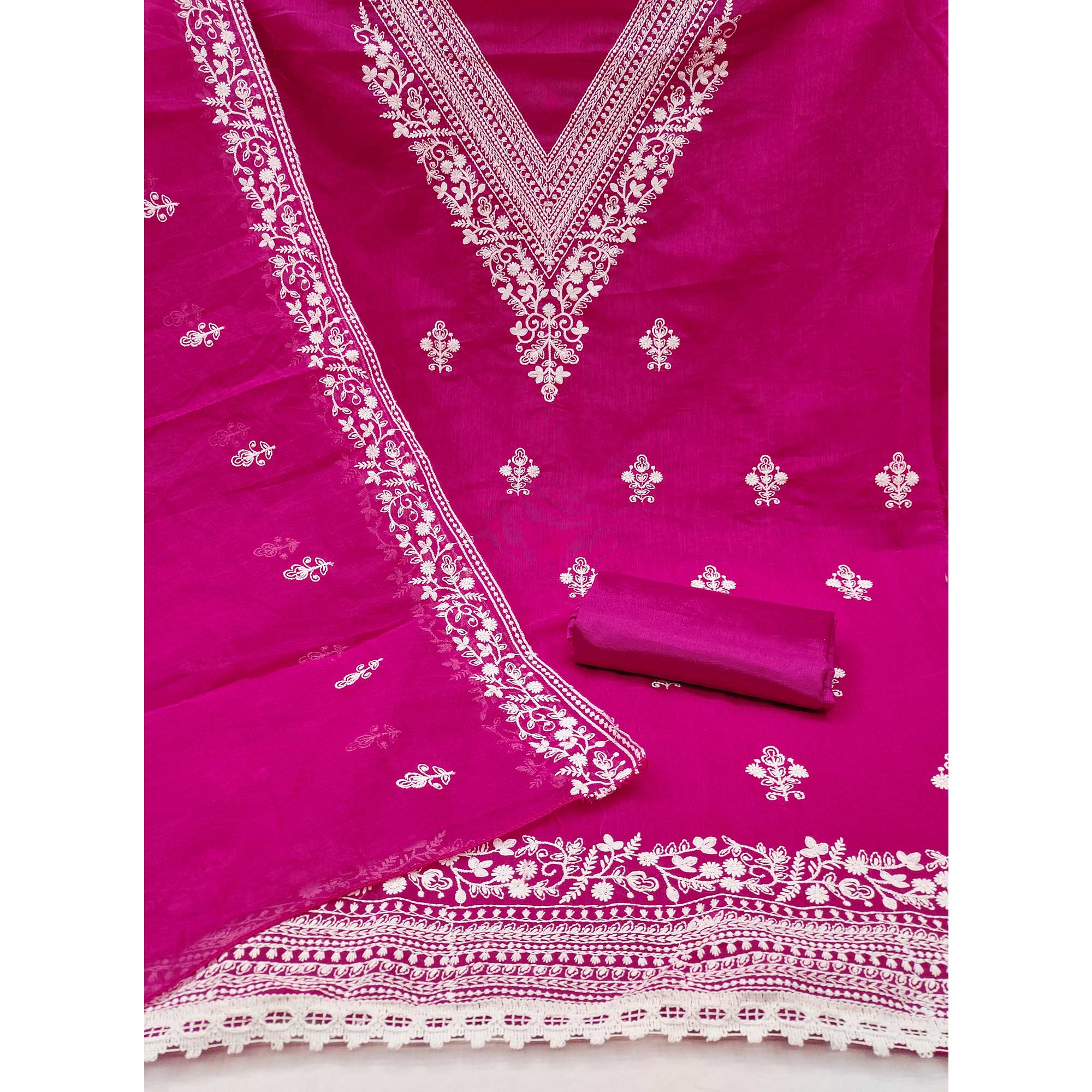 Traditional Rani Pink Chanderi Silk Suit Fabric with Embroidered Floral Patterns