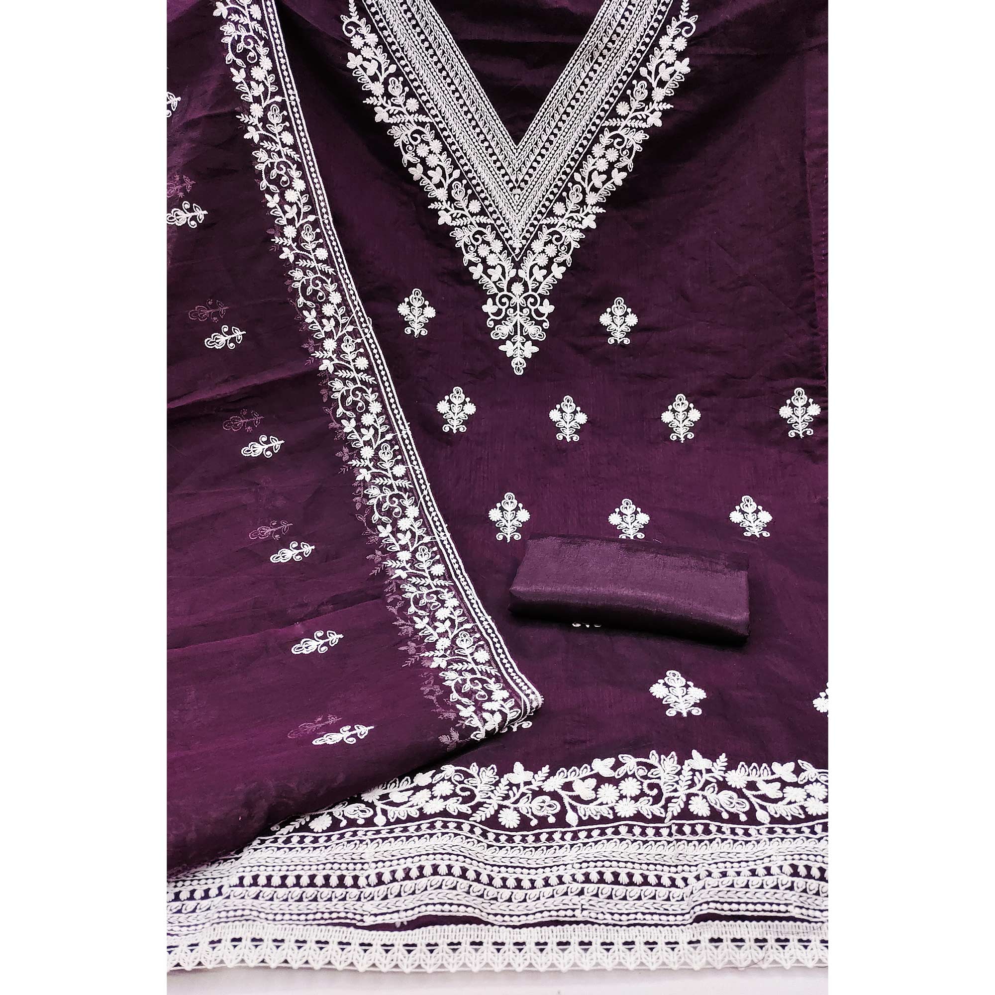 Traditional Wine Chanderi Silk Suit Fabric with Embroidered Floral Patterns