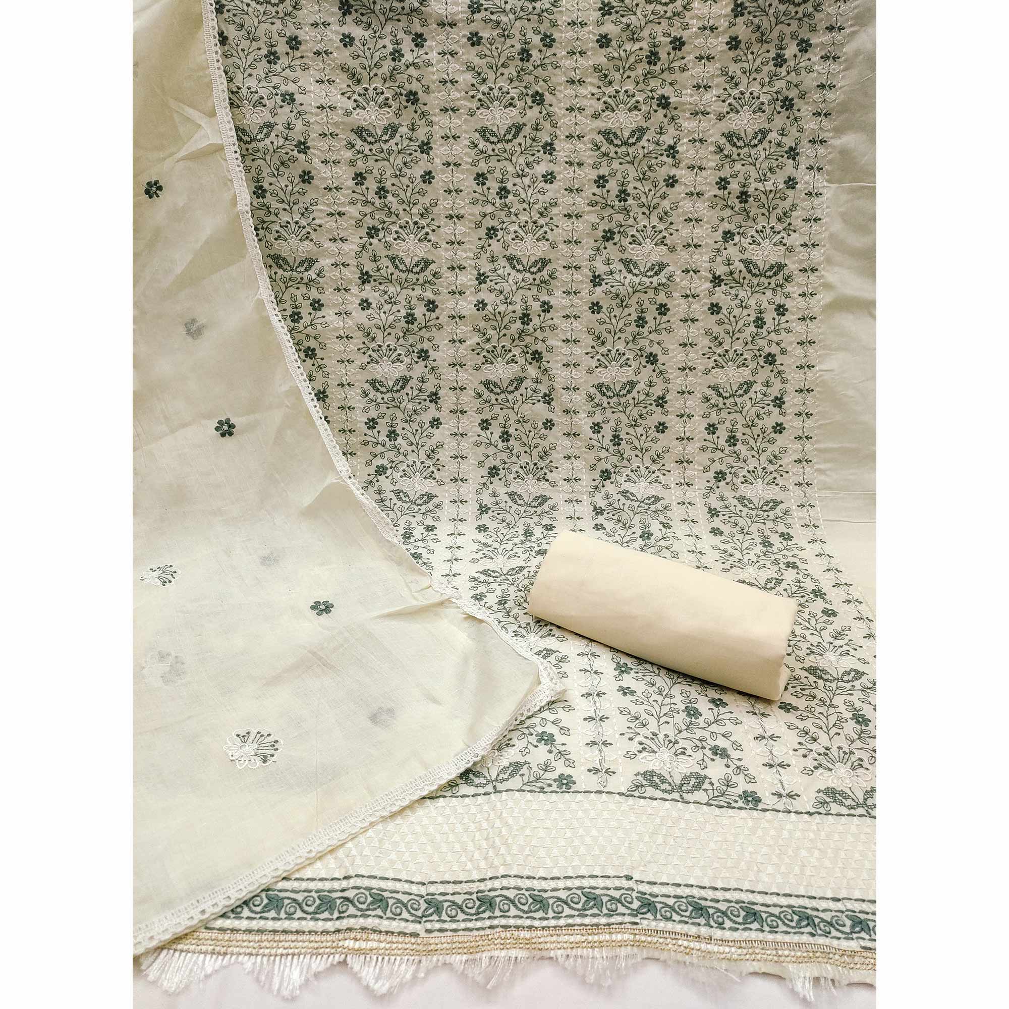 Off White Floral Embroidery Cotton Fabric for Ethnic Wear and Everyday Grace