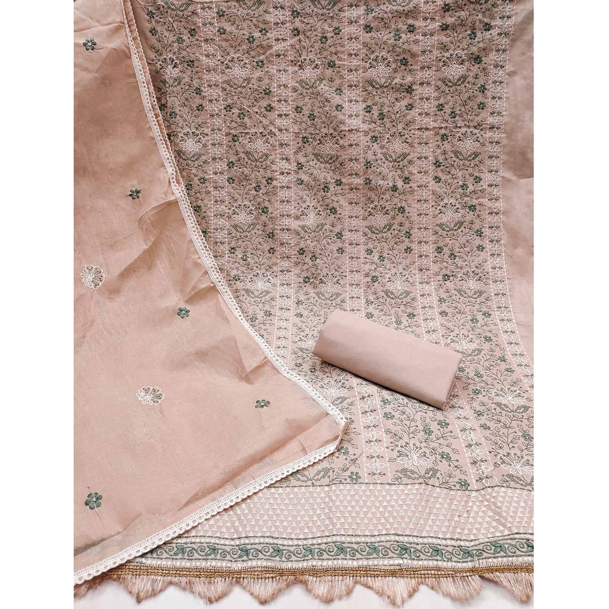 Peach Floral Embroidery Cotton Fabric for Ethnic Wear and Everyday Grace