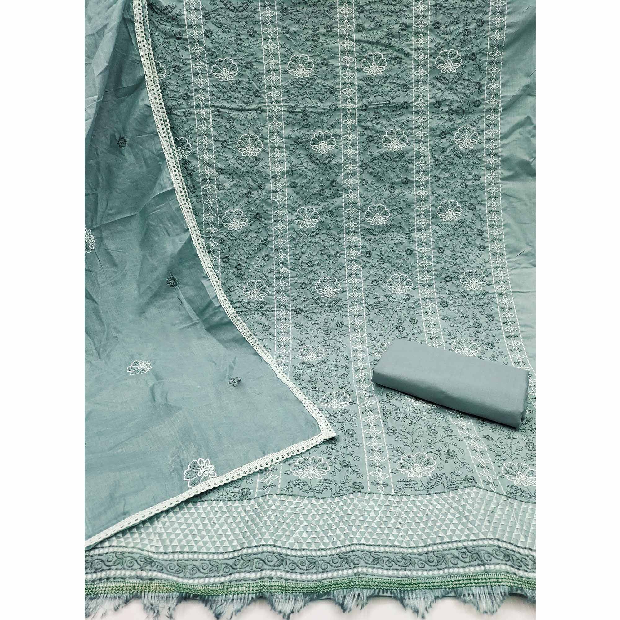Sea Green Floral Embroidery Cotton Fabric for Ethnic Wear and Everyday Grace