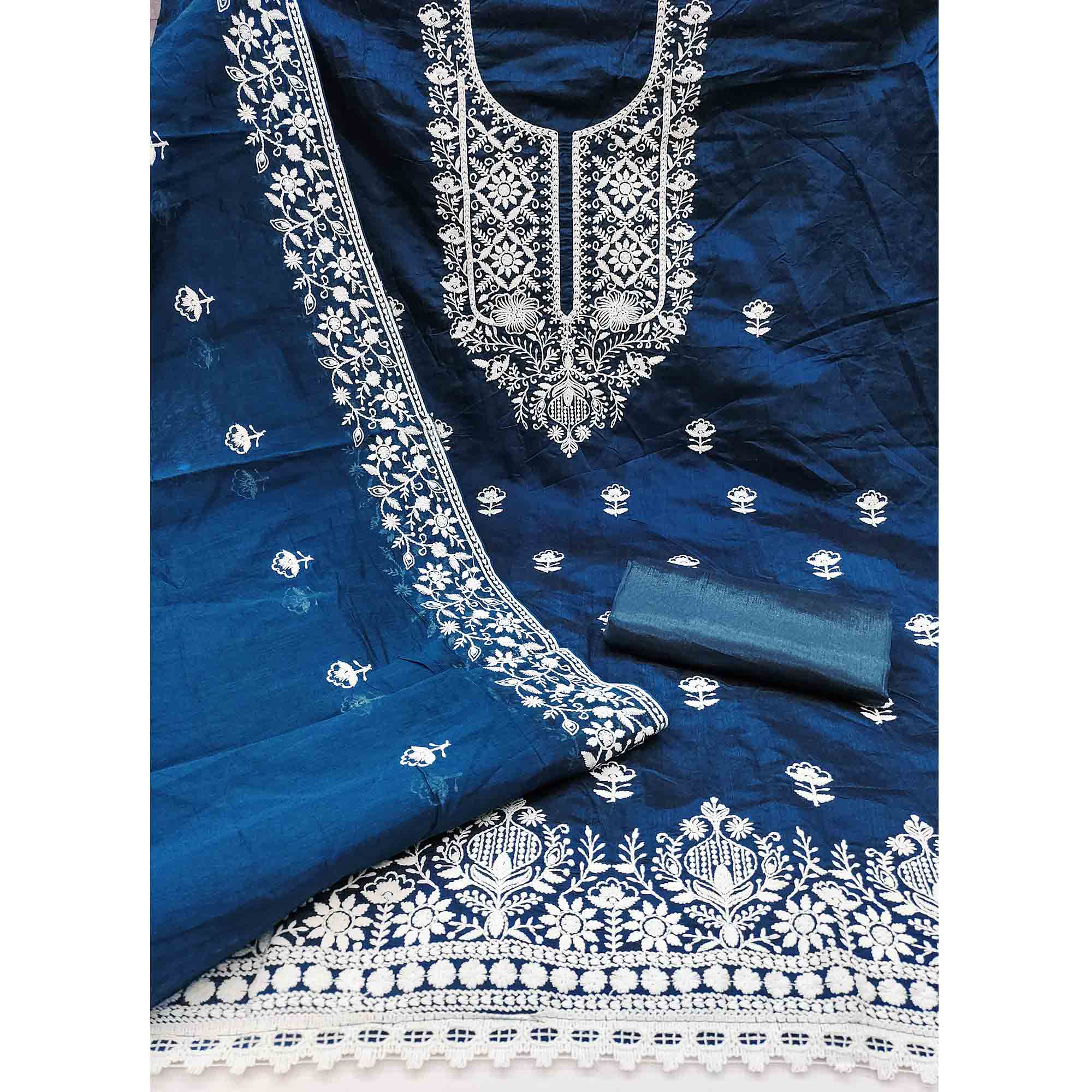 Blue Chanderi Silk Dress Material Enhanced with Delicate Floral Thread Embroidery