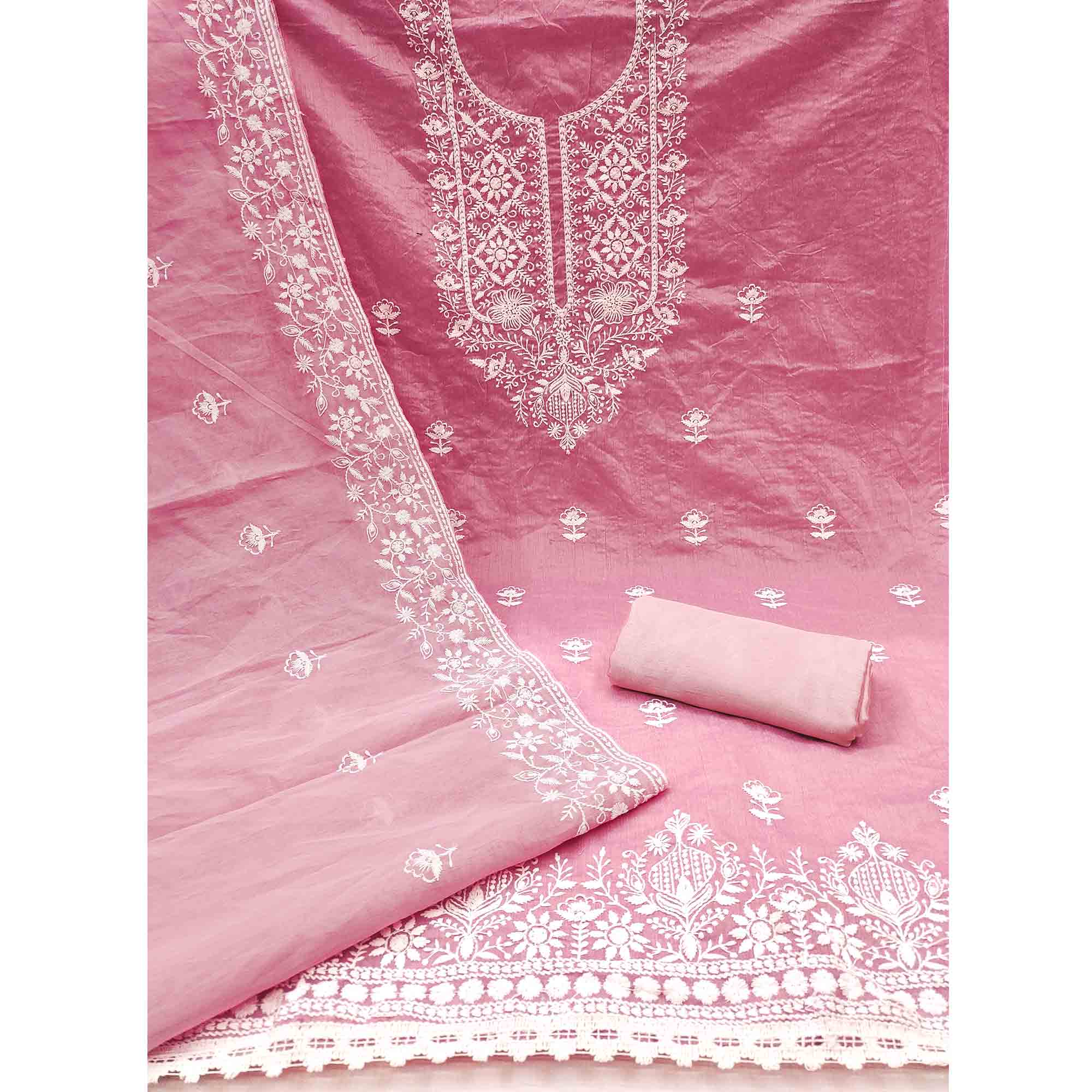 Pink Chanderi Silk Dress Material Enhanced with Delicate Floral Thread Embroidery