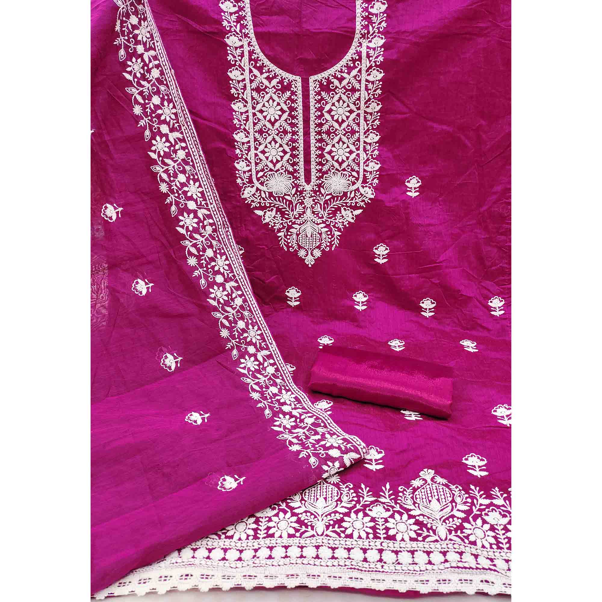 Rani Pink Chanderi Silk Dress Material Enhanced with Delicate Floral Thread Embroidery