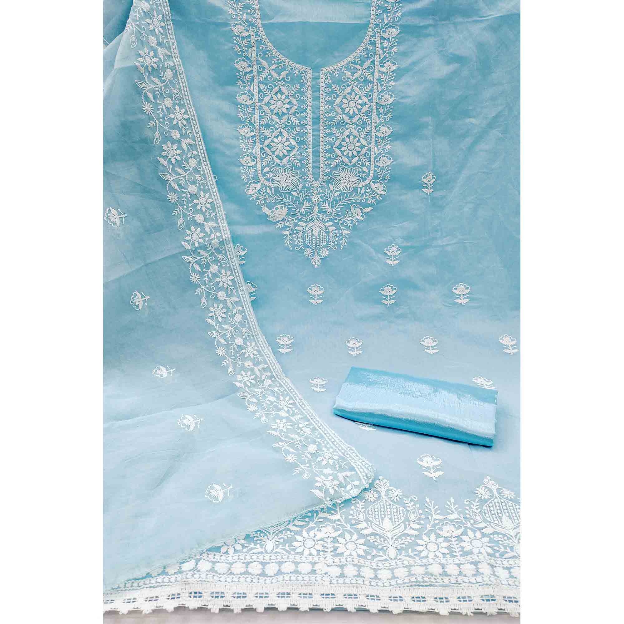 Sky Blue Chanderi Silk Dress Material Enhanced with Delicate Floral Thread Embroidery