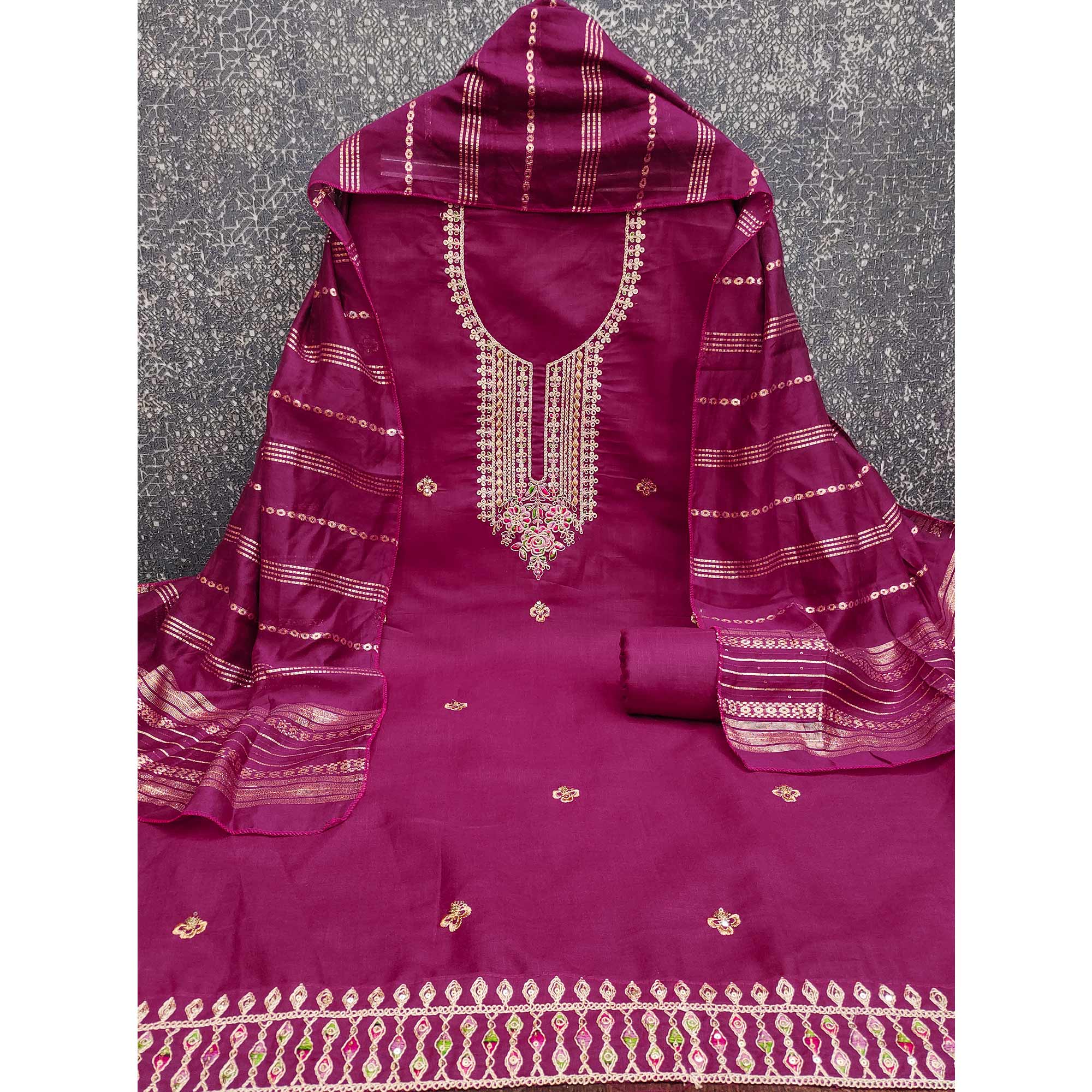 Dark Rani Pink Cotton Blend Dress Material Adorned With Floral Cording Embroidery & Sequins work