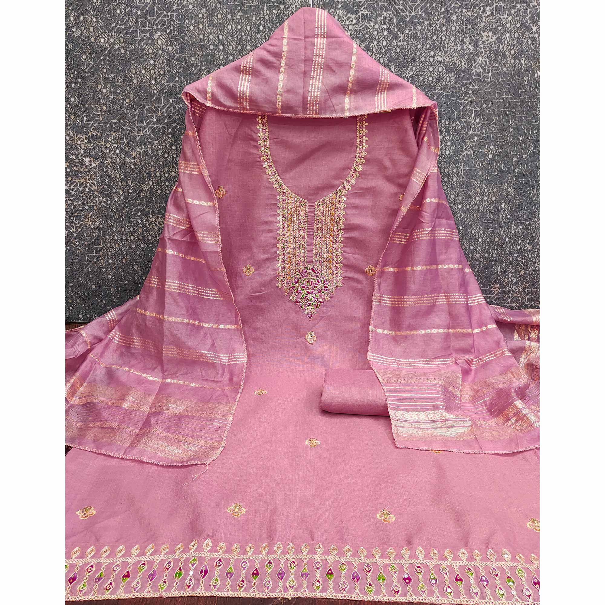 Pink Cotton Blend Dress Material Adorned With Floral Cording Embroidery & Sequins work