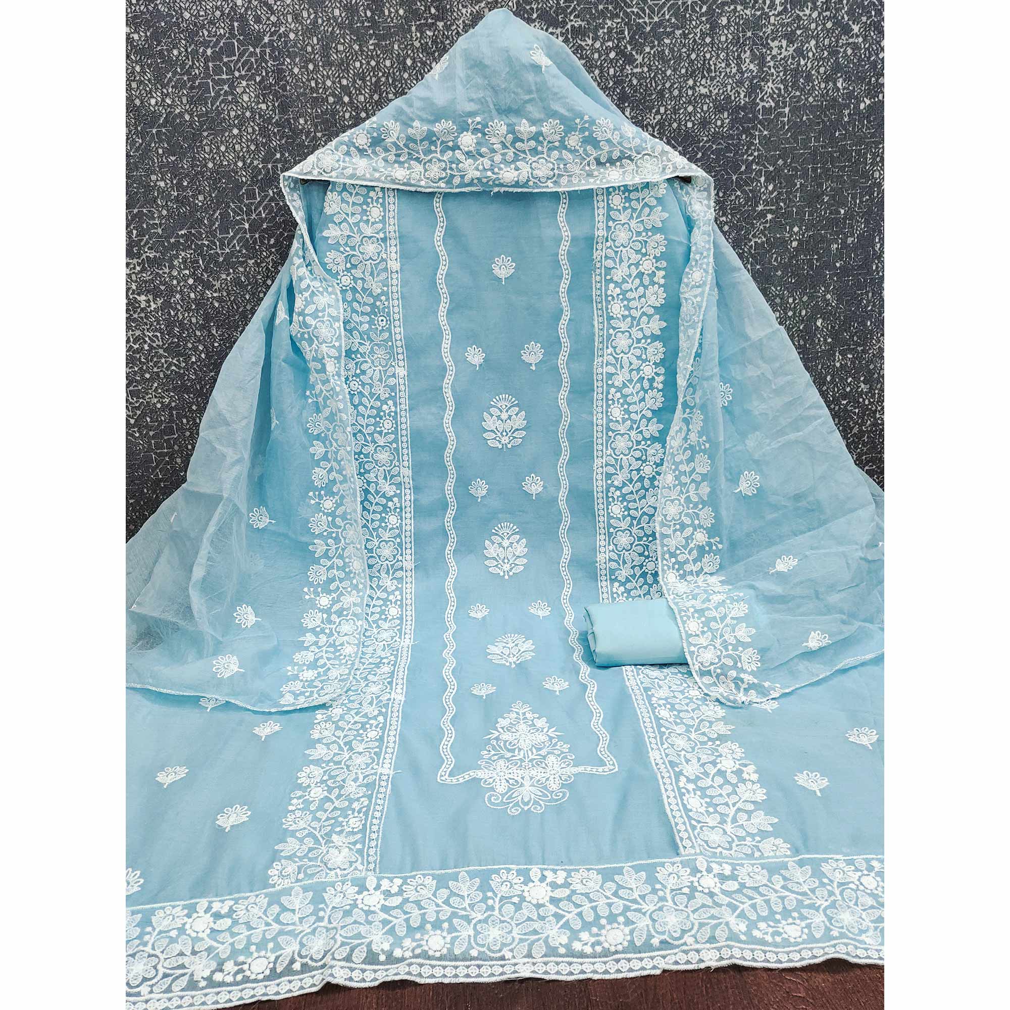 Sky Blue Chanderi Silk Dress Material With Exquisite Floral Thread Embroidery
